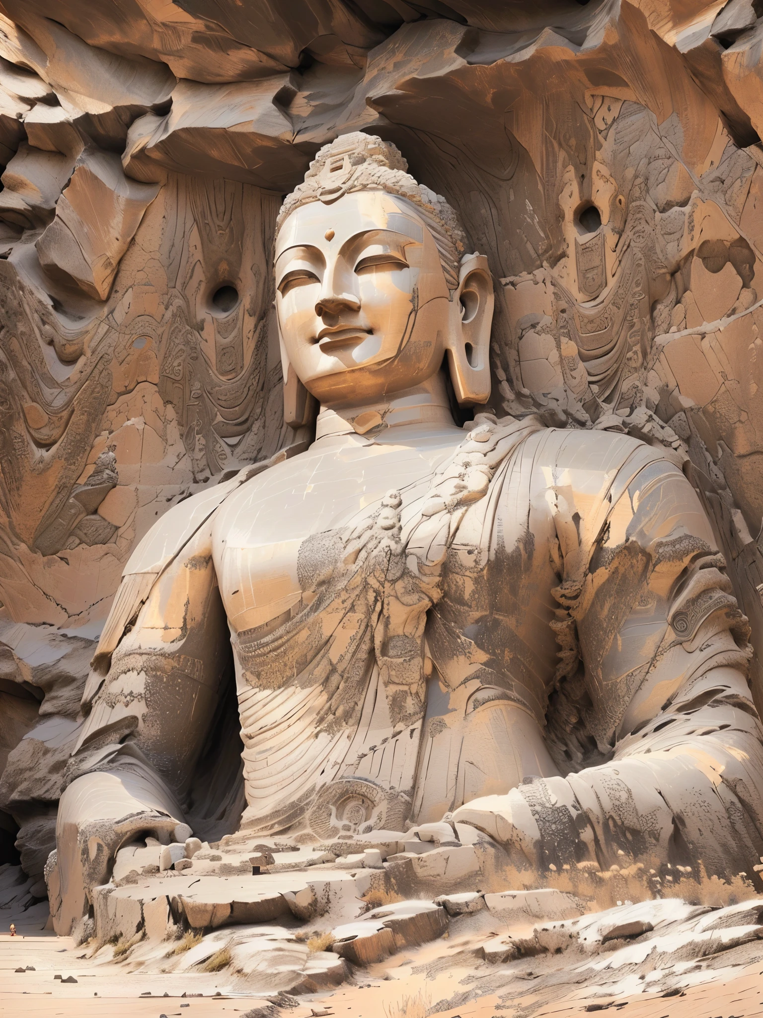 arafed statue of a person sitting on a rock in front of a cave, mogao grottoes, the buddha, buddha, buddhist, ancient chinese architecture, buddhist architecture, buddhism, intricate stone carvings, buddhist art, highly detailed carvings, large stone statues of heroes, stone carvings, guanyin, serene expression, photo taken in 2 0 2 0