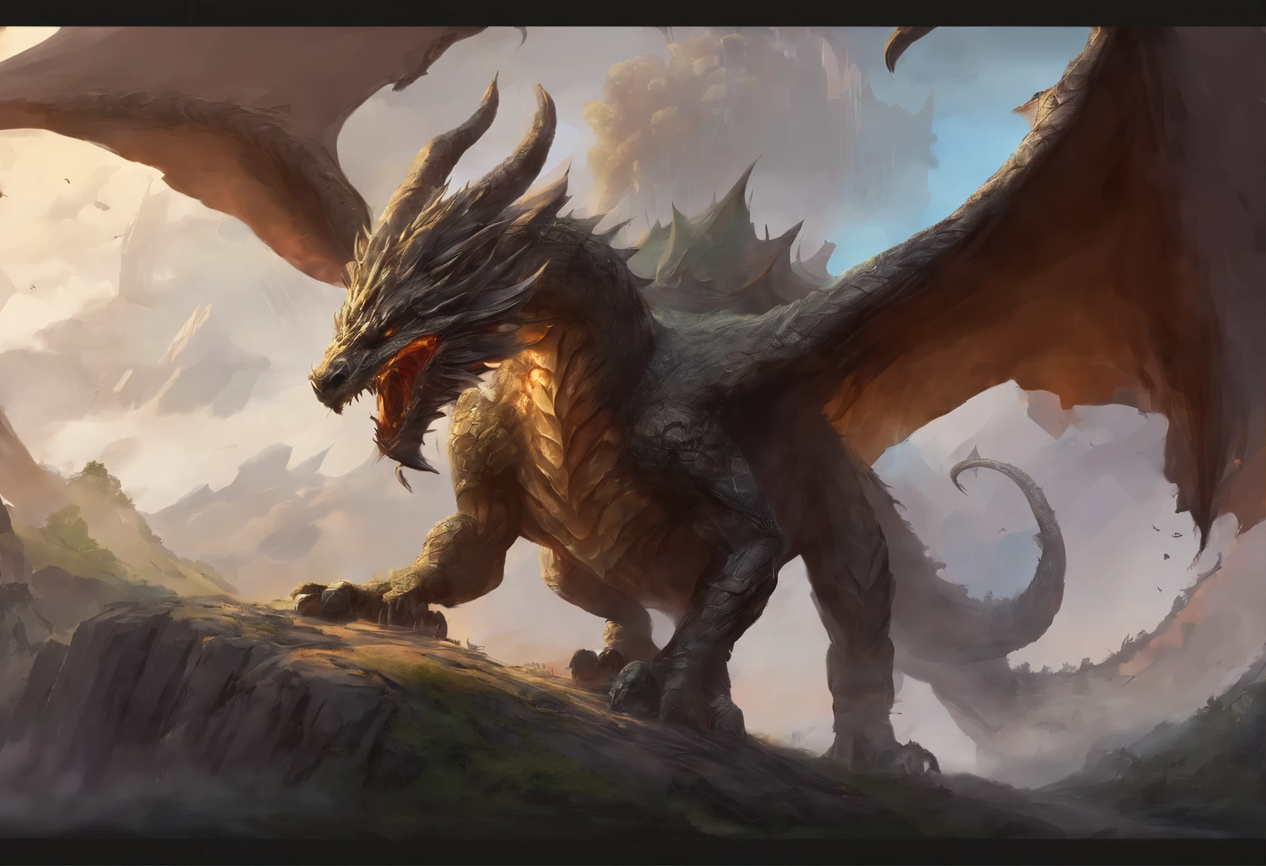 There is a big dragon with a huge head and a huge body, epic fantasy card game art, highly detailed fantasy art, detailed digital 2d fantasy art, epic fantasy artwork, detailed fantasy art, epic fantasty card game art, Dungeons&Dragons Fantasy Art, hyperrealistic d & d fantasy art, symmetrical spectacular fantasy art, cyborg dragon portrait,no human