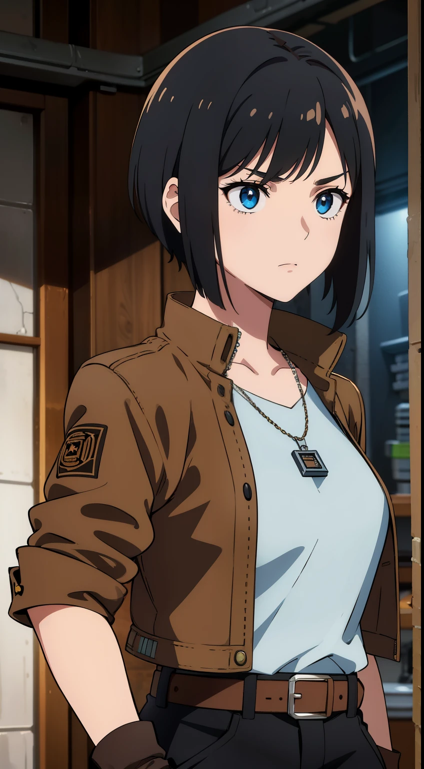 (high-quality, breathtaking),(expressive eyes, perfect face) Symmetrical Eyes, portrait, Star Wars Universe, 1girl, female, adult, mechanic, punk jacket, shirt, short sleeved, gloves, pants, belt, wrench, crystals on belt, messy hair, black hair color, brown eye color, short hair length, stylized hairstyle, pixie haircut, tall, technician outfit, engineer, workshop background, work bench, tools, mature, narrow eyes, dog tag necklaces
