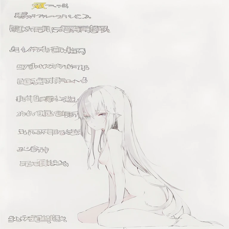 Cute girl sitting naked on the ground,There is an ancient poem written on the wall,, Zero Two, White long hair!!, The art style of Dragon King, Line Drawing!!, Zerochaart, with white hair, Soft anime illustration, Akira Yoshinari