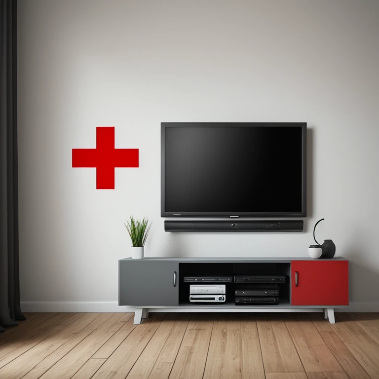 a wall paint, with a red cross on a tv