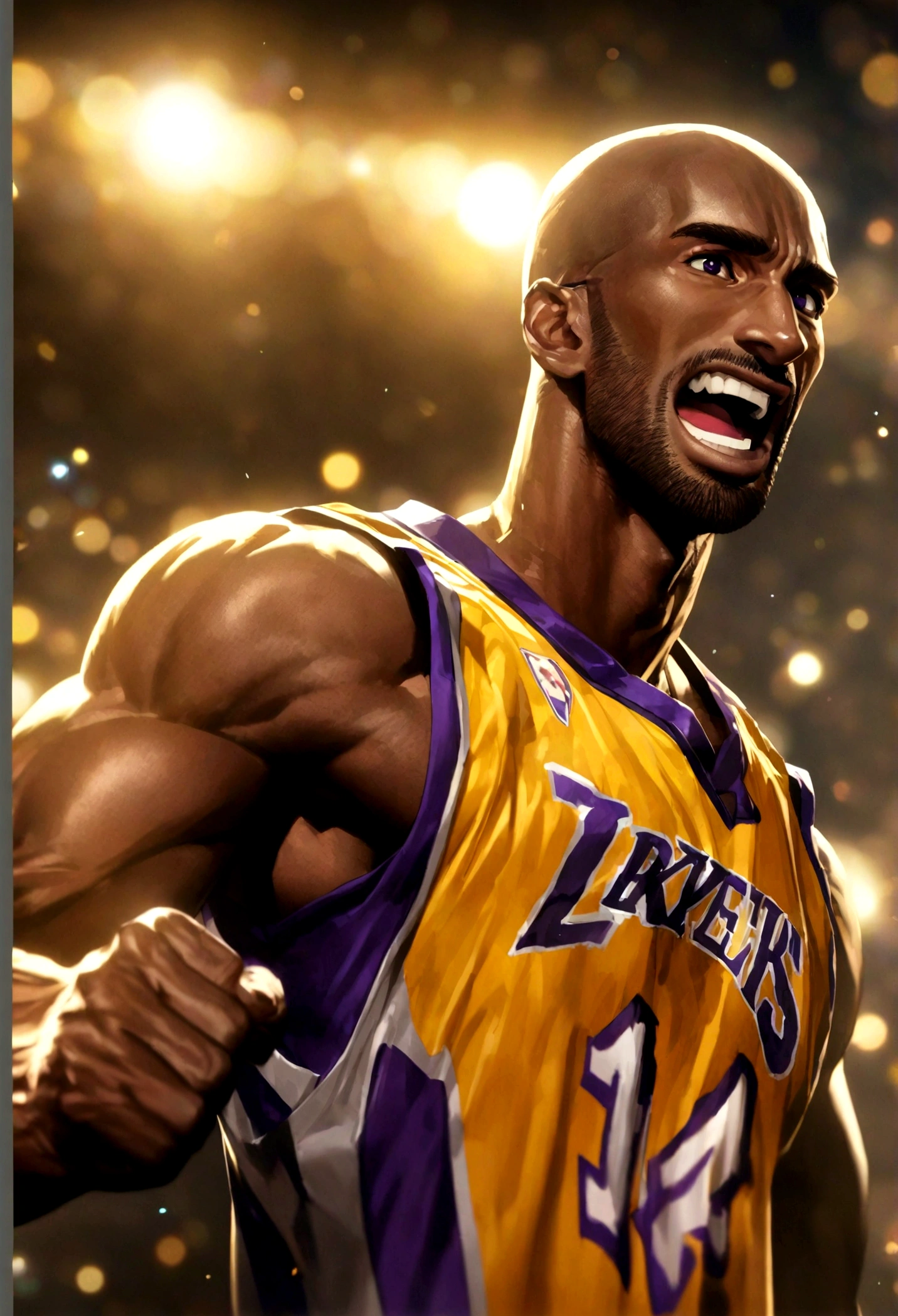 Kobe Bryant,Anime Characters,Playing football,Clenched hands in celebration,Detailed facial expressions,Bright colors,High resolution,Physically Based Rendering,Studio Lighting,Super Fine,Bokeh,portrait