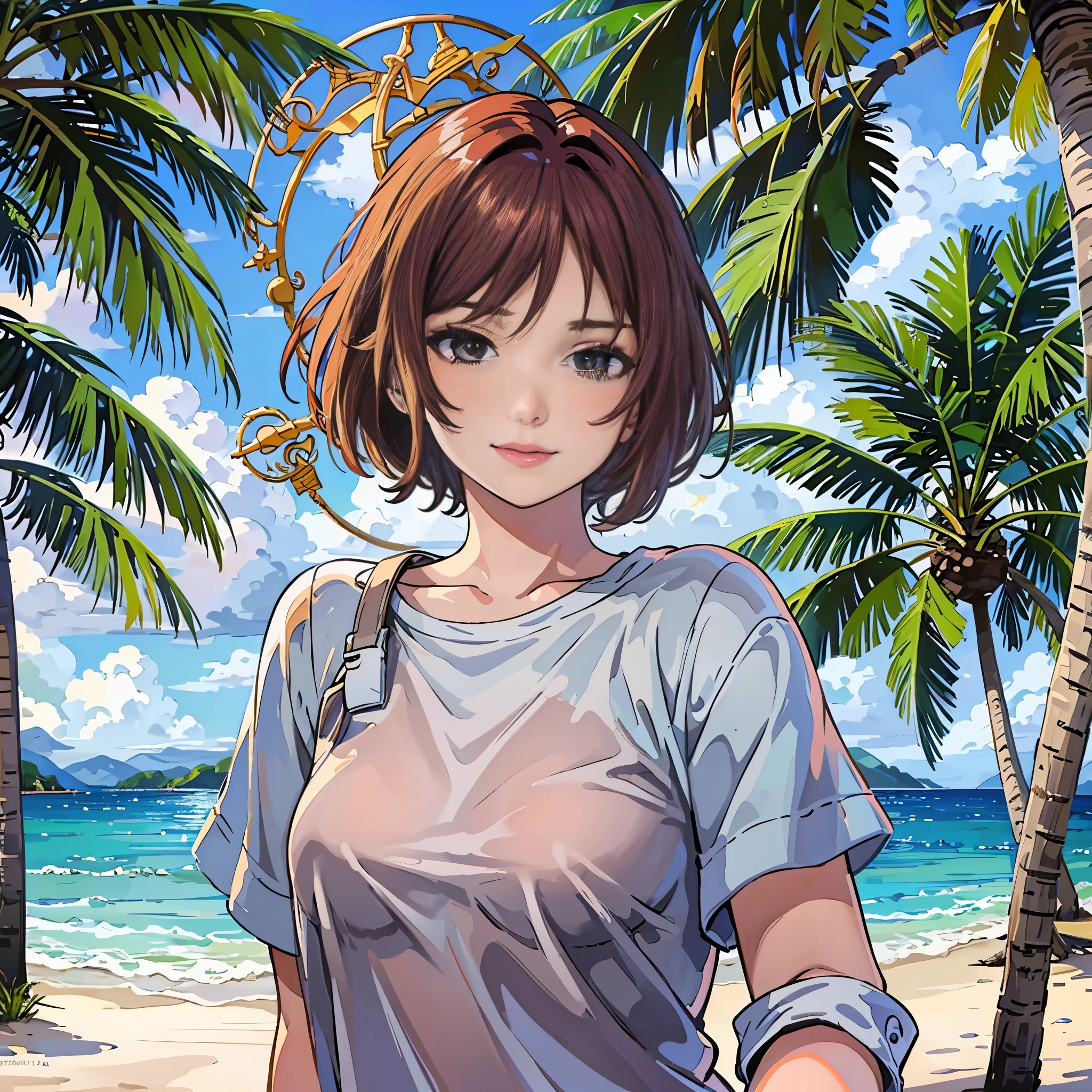 (Best quality, 8k, 32k, Masterpiece, UHD:1.2),Photo of Pretty woman, very short bob hair,upper body,face focus,oversized_shirt, looking at viewer,liz.ashley, dyed red hair, tropical beach, smile, sfw