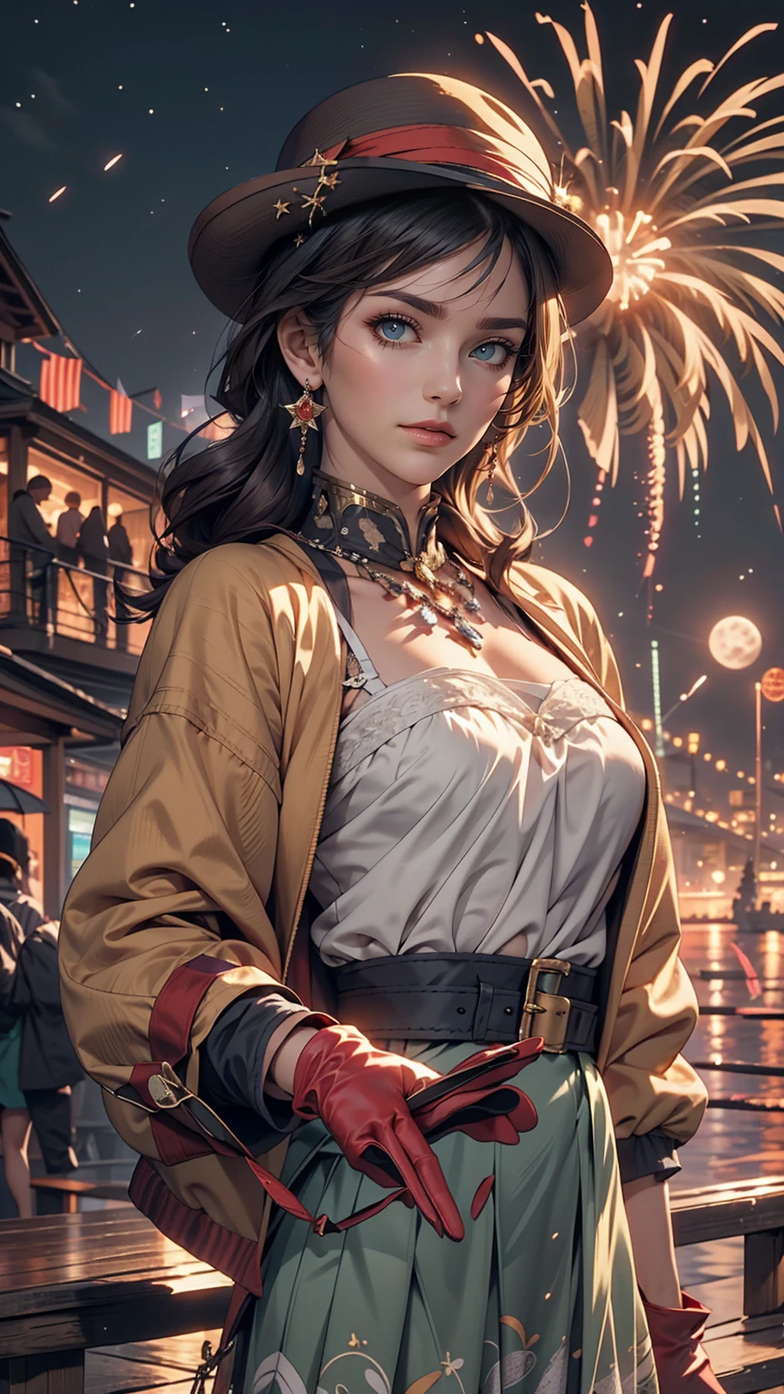 masterpiece, highest quality, Mouse Egret, Purple hat, Hair Clip, Green ribbon, Purple Jacket, White gloves, belt, Purple Mini Skirt, Upper Body, Blushing, smile, View Viewer, Beach, night, moon, firework, Place your hand on your chest