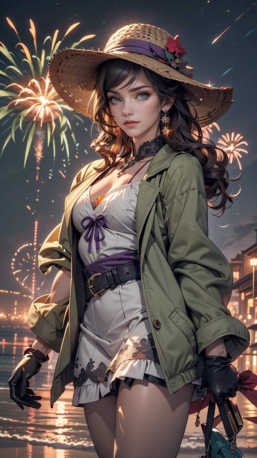 masterpiece, highest quality, Mouse Egret, Purple hat, Hair Clip, Green ribbon, Purple Jacket, White gloves, belt, Purple Mini Skirt, Upper Body, Blushing, smile, View Viewer, Beach, night, moon, firework, Place your hand on your chest