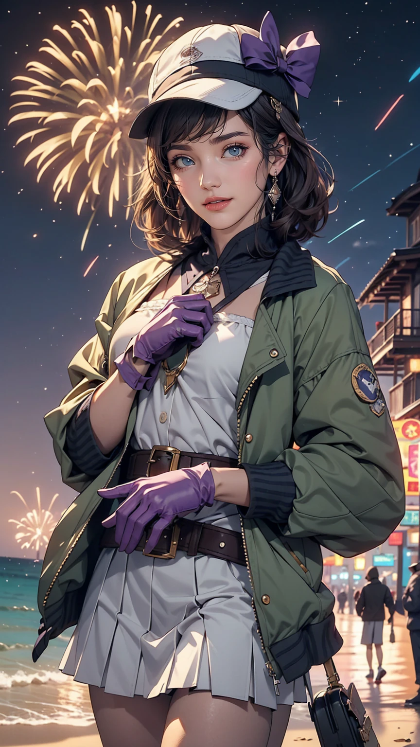 masterpiece, highest quality, Mouse Egret, Purple hat, Hair Clip, Green ribbon, Purple Jacket, White gloves, belt, Purple Mini Skirt, Upper Body, Blushing, smile, View Viewer, Beach, night, moon, firework, Place your hand on your chest