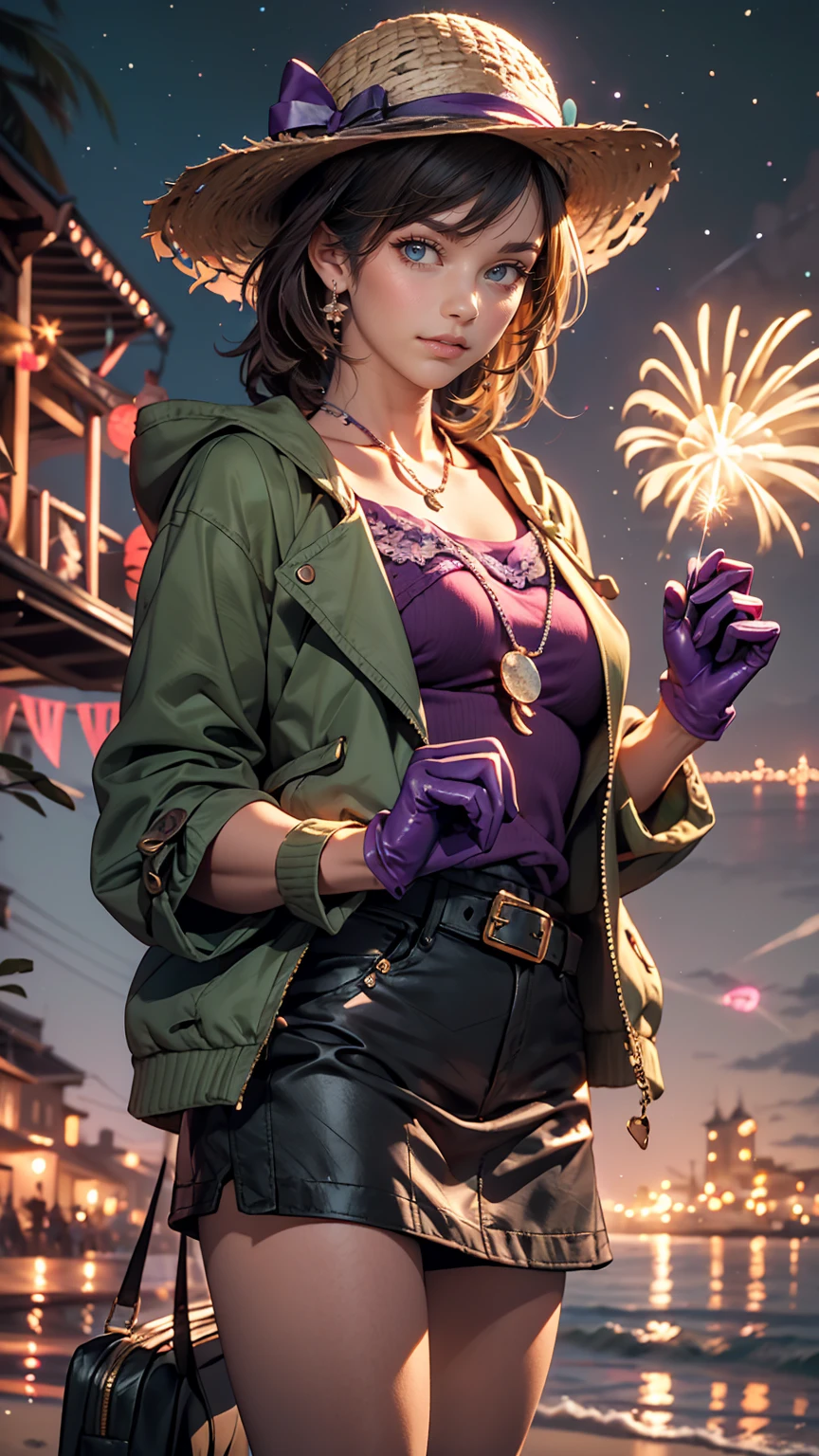 masterpiece, highest quality, Mouse Egret, Purple hat, Hair Clip, Green ribbon, Purple Jacket, White gloves, belt, Purple Mini Skirt, Upper Body, Blushing, smile, View Viewer, Beach, night, moon, firework, Place your hand on your chest
