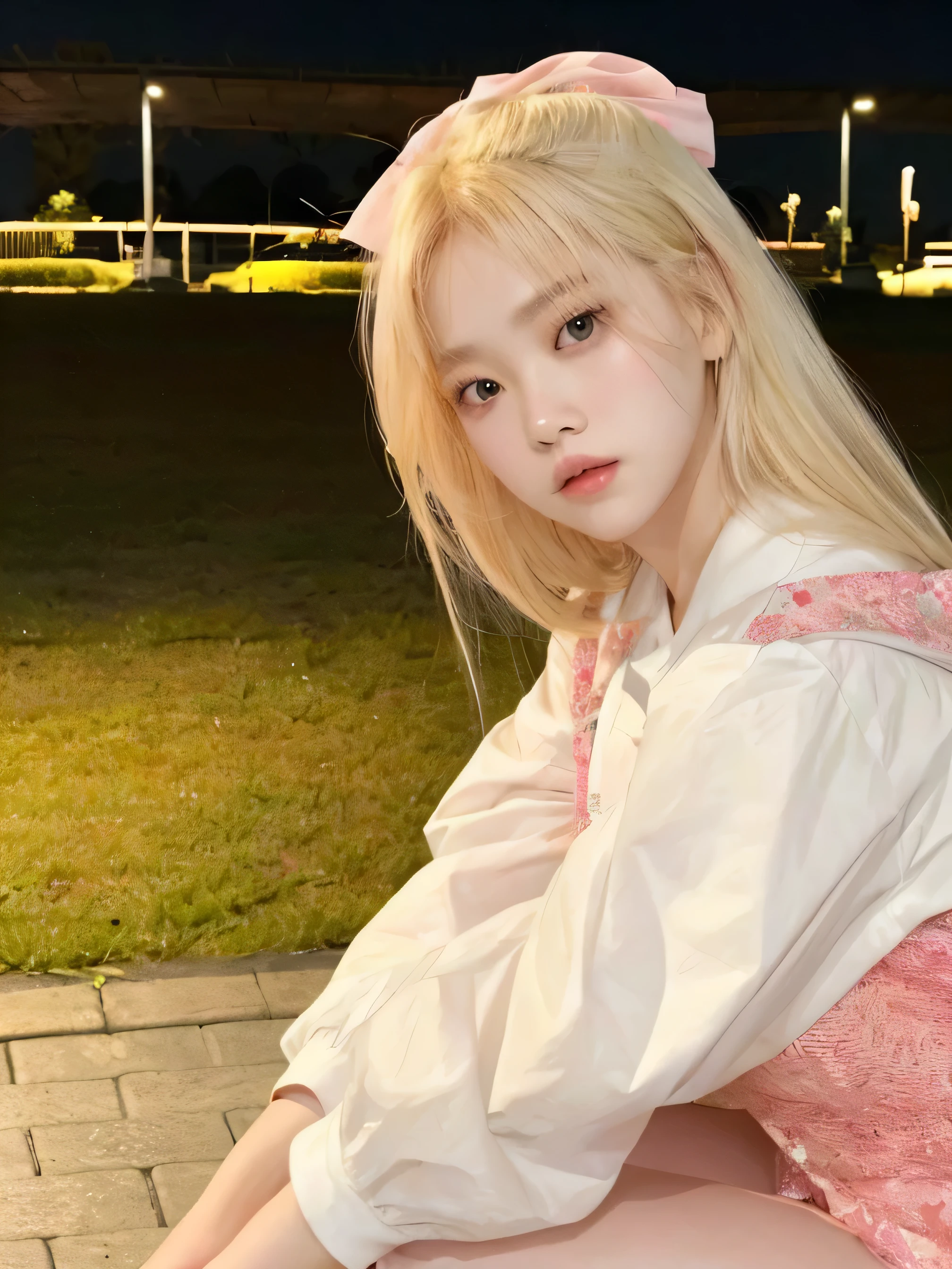 Chica rubia sentada en una maleta rosa en un parque por la noche, parque roseanne de blackpink, portrait of jossi de blackpink, ulzzang, jaeyeon nam, kim doyoung, jossi de blackpink, Lalisa Manoban de Blackpink, Heonhwa Choe, Lalisa Manobal, jinyoung shin, con pelo largo y blanco, shikamimi