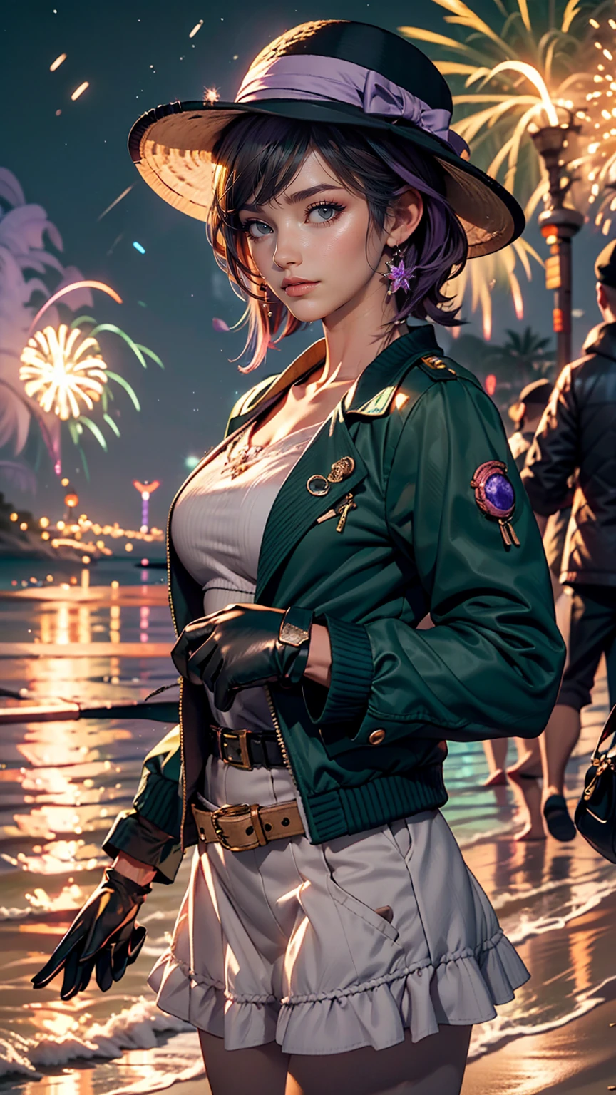 masterpiece, highest quality, Mouse Egret, Purple hat, Hair Clip, Green ribbon, Purple Jacket, White gloves, belt, Purple Mini Skirt, Upper Body, Blushing, smile, View Viewer, Beach, night, moon, firework, Place your hand on your chest