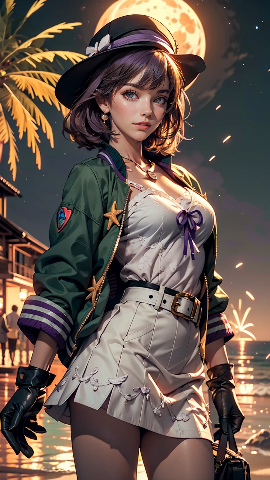 masterpiece, highest quality, Mouse Egret, Purple hat, Hair Clip, Green ribbon, Purple Jacket, White gloves, belt, Purple Mini Skirt, Upper Body, Blushing, smile, View Viewer, Beach, night, moon, firework, Place your hand on your chest