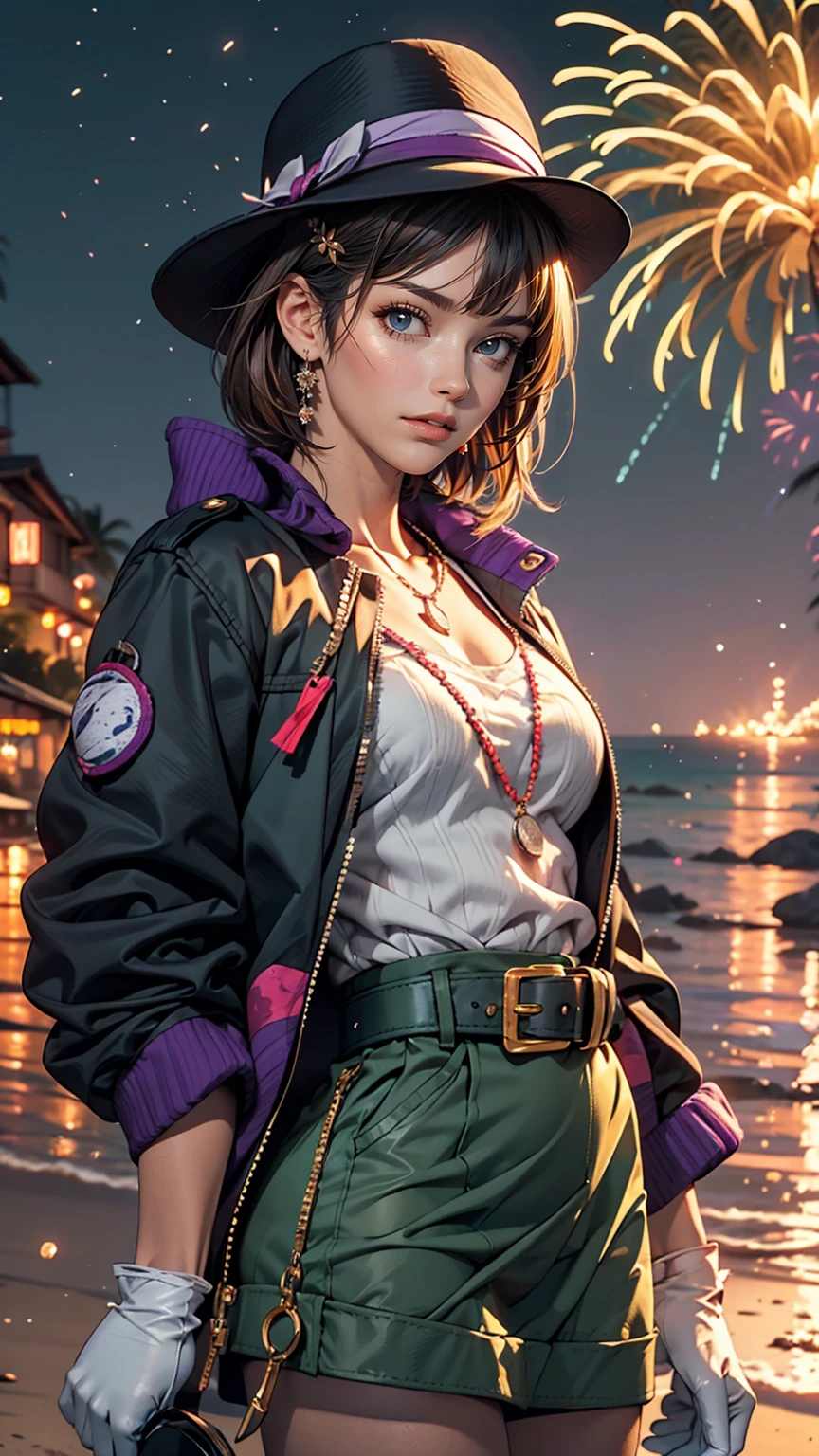 masterpiece, highest quality, Mouse Egret, Purple hat, Hair Clip, Green ribbon, Purple Jacket, White gloves, belt, Purple Mini Skirt, Upper Body, Blushing, smile, View Viewer, Beach, night, moon, firework, Place your hand on your chest