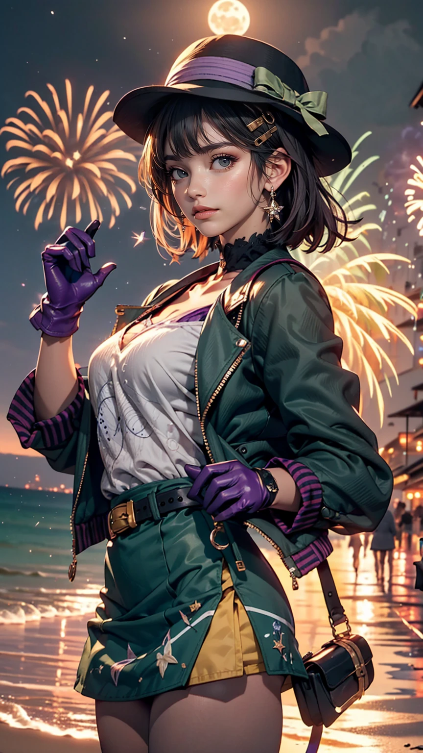 masterpiece, highest quality, Mouse Egret, Purple hat, Hair Clip, Green ribbon, Purple Jacket, White gloves, belt, Purple Mini Skirt, Upper Body, Blushing, smile, View Viewer, Beach, night, moon, firework, Place your hand on your chest