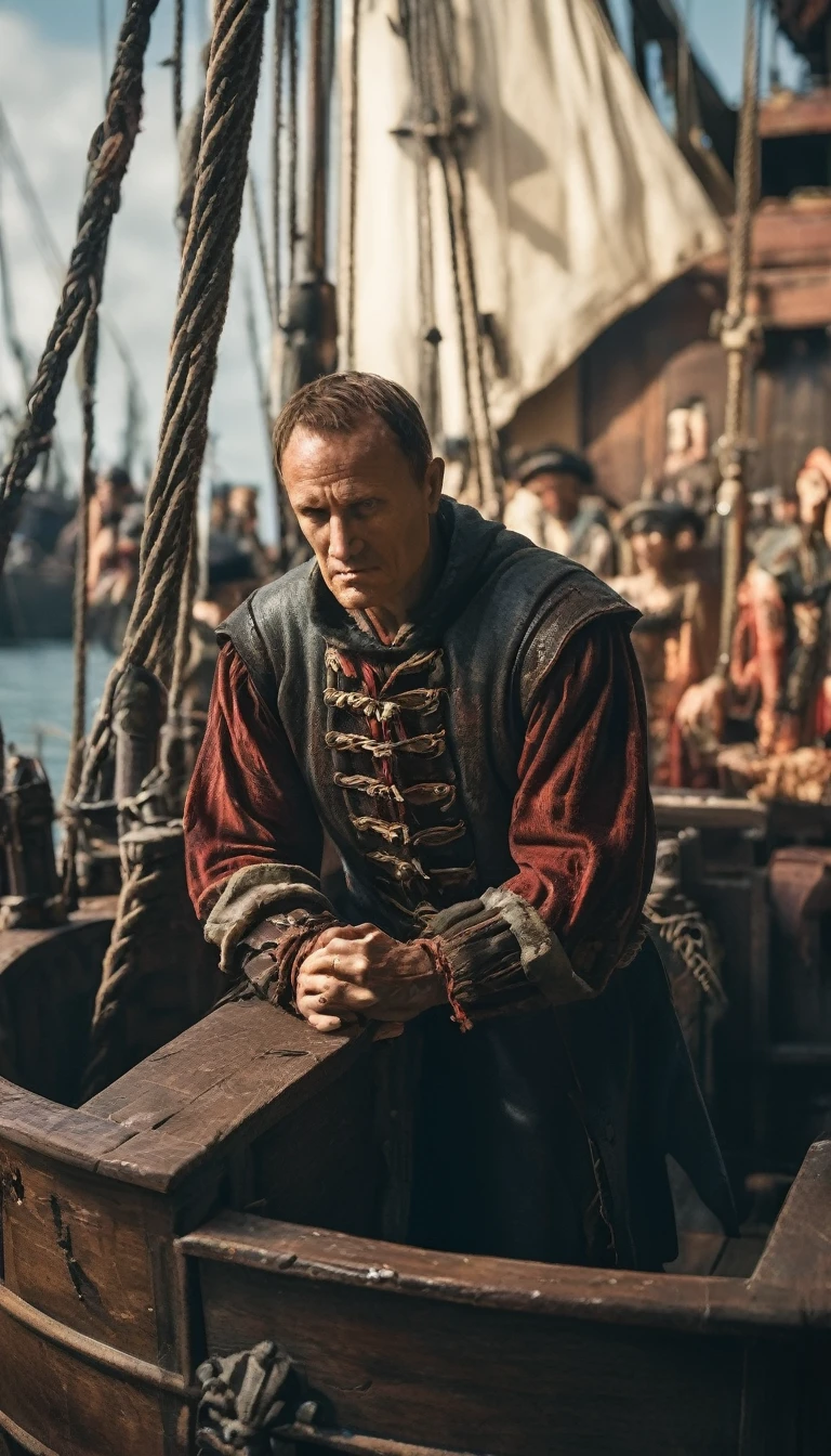 Cinematic style, Julius Caesar writing poetry on a pirate ship, background dark, hyper realistic, ultra detailed hyper realistic, photorealistic, Studio Lighting, reflections, dynamic pose, Cinematic, Color Grading, Photography, Shot on 50mm lens, Ultra-Wide Angle, Depth of Field, hyper-detailed, beautifully color, 8k