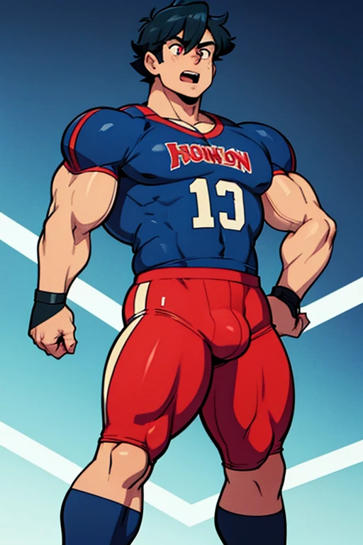 A up Ash Ketchum from Pokémon flexing his biceps under hypnosis with glowing red eyes as he grows into a big dumb muscular football jock bro wearing a football uniform and cleats. Hyper muscles. Massive muscles. Big biceps. Big triceps. Big traps. Broad shoulders. Big pecs. Bulging crotch. Dumber and dumber. Blank stare. Open mouth. Saying, "I am a jock.... I obey.... Dumber and dumber.... Yes, Coach.... Huhuhuhuh...." Slumped shoulders. Hypnosis. Brainwashing. Bigger and dumber jock bro. Assimilation. Corruption.