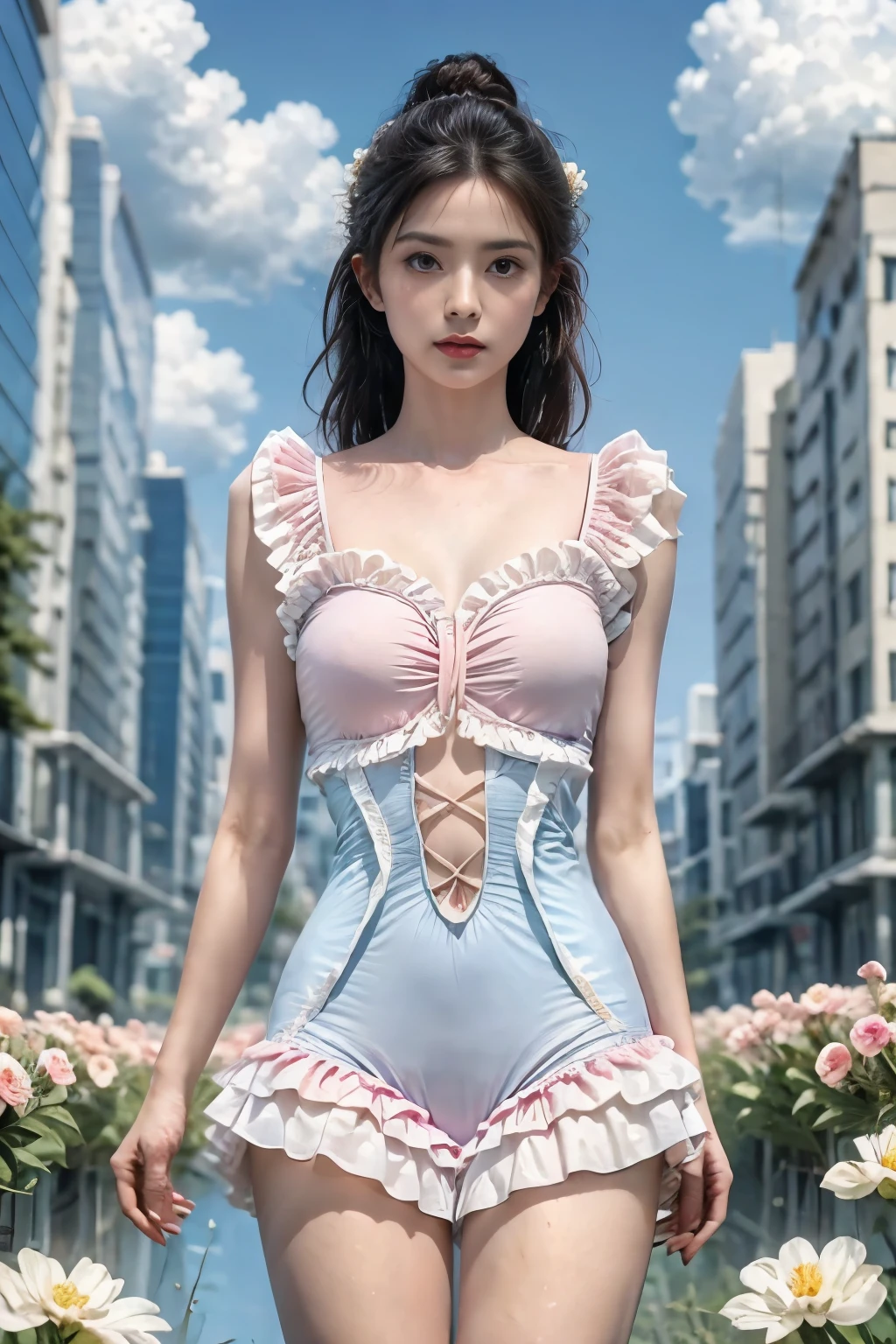 1girl,3d,underwear,(city, buildings, Flowers, blue sky, white clouds, buildings),looking at viewer,photorealistic,realistic,Clear Fingers,