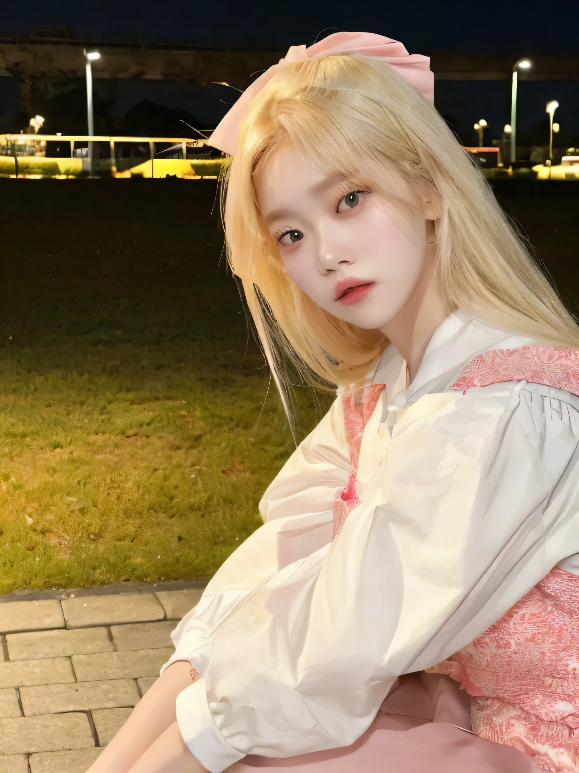 Chica rubia sentada en una maleta rosa en un parque por la noche, parque roseanne de blackpink, portrait of jossi de blackpink, ulzzang, jaeyeon nam, kim doyoung, jossi de blackpink, Lalisa Manoban de Blackpink, Heonhwa Choe, Lalisa Manobal, jinyoung shin, con pelo largo y blanco, shikamimi