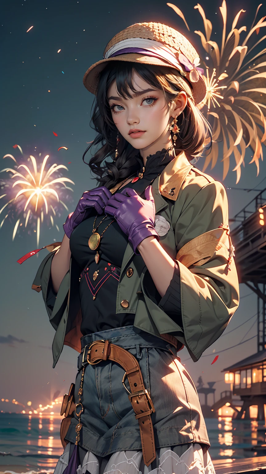 masterpiece, highest quality, Mouse Egret, Purple hat, Hair Clip, Green ribbon, Purple Jacket, White gloves, belt, Purple Mini Skirt, Upper Body, Blushing, smile, View Viewer, Beach, night, moon, firework, Place your hand on your chest
