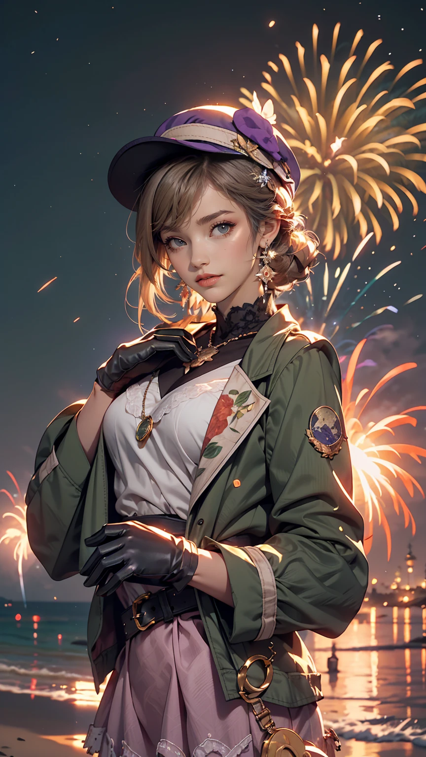 masterpiece, highest quality, Mouse Egret, Purple hat, Hair Clip, Green ribbon, Purple Jacket, White gloves, belt, Purple Mini Skirt, Upper Body, Blushing, smile, View Viewer, Beach, night, moon, firework, Place your hand on your chest