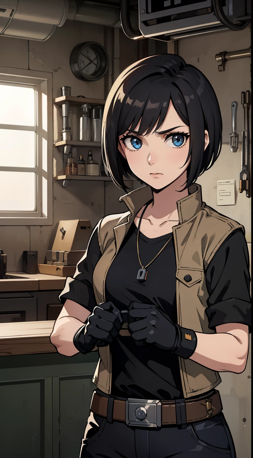 (high-quality, breathtaking),(expressive eyes, perfect face) Symmetrical Eyes, portrait, Star Wars Universe, 1girl, female, adult, mechanic, punk jacket, shirt, short sleeved, gloves, pants, belt, wrench, crystals on belt, messy hair, black hair color, brown eye color, short hair length, stylized hairstyle, pixie haircut, tall, technician outfit, engineer, workshop background, work bench, tools, mature, narrow eyes, dog tag necklaces
