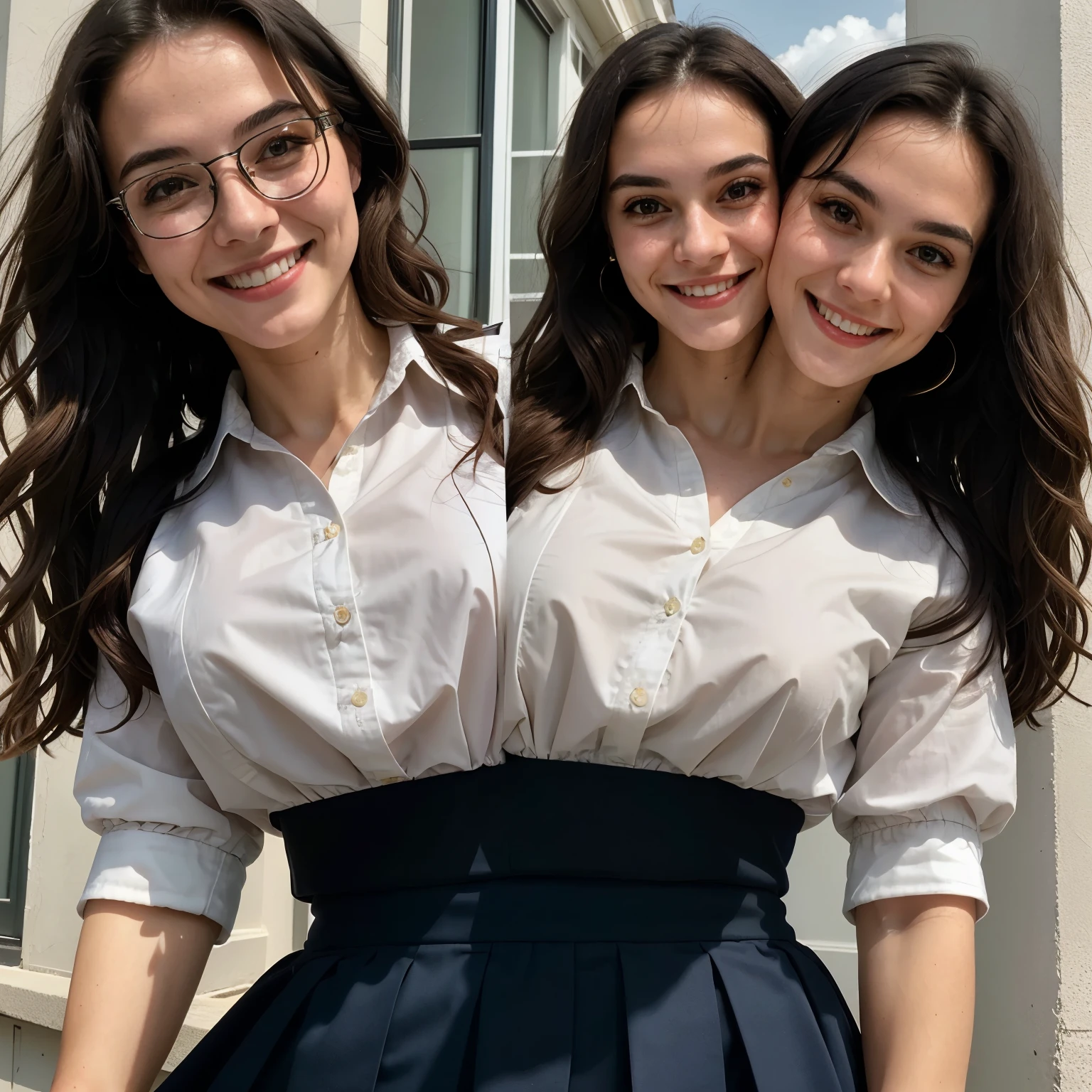 ((best quality)), ((masterpiece)), smile, ((Photo-realistic)), 1girl, (detailed), ((rmma roberts)), stylish top, skirt, close up, conjoined_dicephalus, (two heads:1.2)