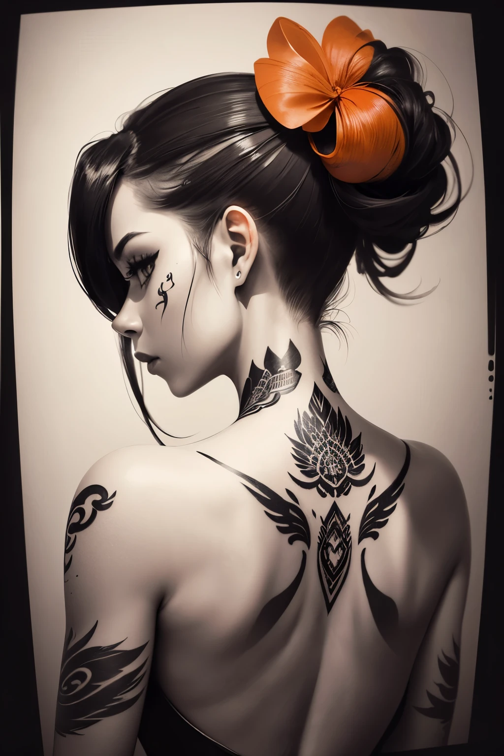 monochrome, ink painting, sumi-e, best quality, super fine, 16k, delicate and dynamic, beautiful female back, orange updo, menacing Donald Duck tattoo across the back, tattoo effect, tilted frame