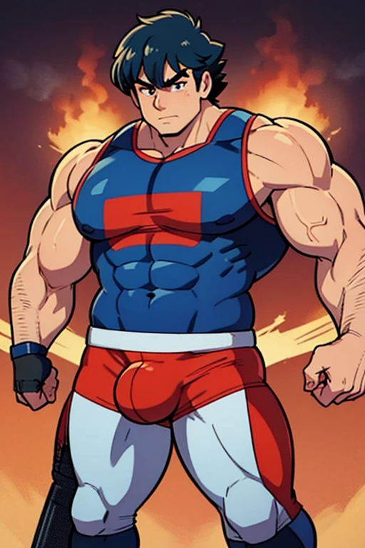 A grownup Ash Ketchum and Gary from Pokémon flexing their biceps under hypnosis with glowing red eyes as they grow into big dumb muscular football jock bros wearing a football uniform and cleats. Hyper muscles. Massive muscles. Big biceps. Big triceps. Big traps. Broad shoulders. Big pecs. Bulging crotch. Dumber and dumber. Blank stare. Open mouth. Saying, "I am a jock.... I obey.... Dumber and dumber.... Yes, Coach.... Huhuhuhuh...." Slumped shoulders. Hypnosis. Brainwashing. Bigger and dumber jock bro. Assimilation. Corruption.