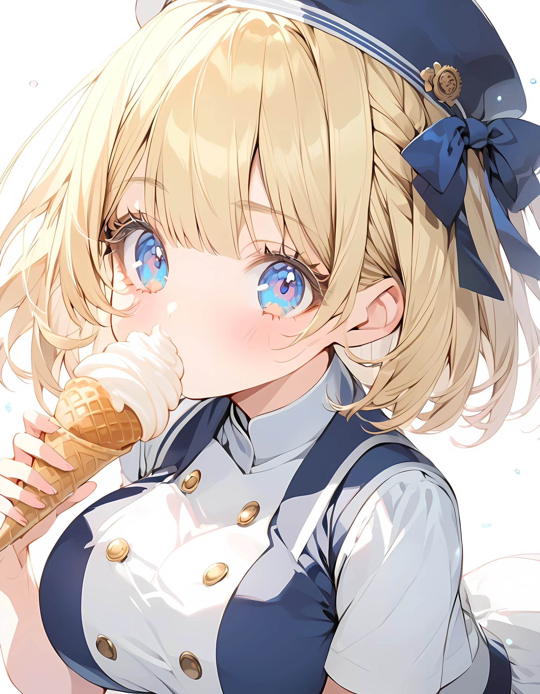 Eat pink soft serve ice cream (Navy blue original uniform), ( Girl:1.5), (blonde:1.5）(eyelash:1.2) (Short Bob Hair:1.4), (Blue eyes)(Big Breasts:1.3)