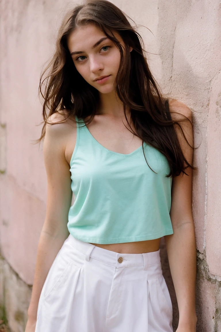 Closed portrait, girl, 18 years old, french, skinny, long hairs, green eyes, brunette, cute, innocent, a few nasty, straight look