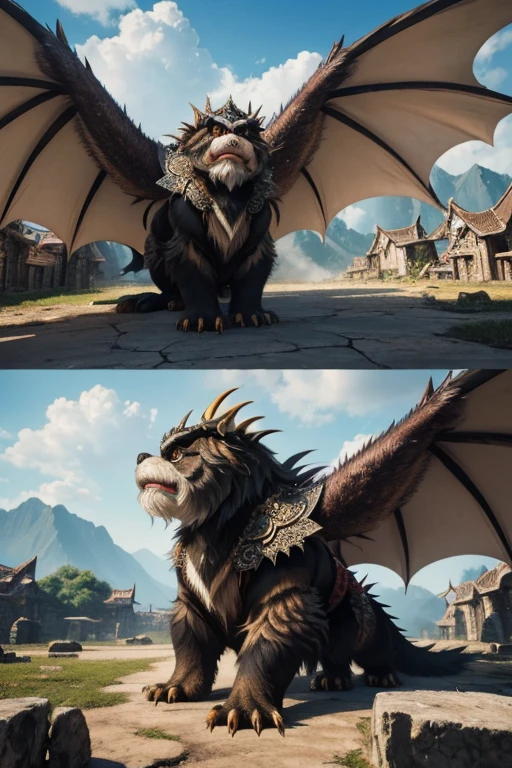 Create a Shi tzu Dragon hybrid, blend fur and scales together, Shitzu coloring, open wing span, snarling snout, ultra detailed, masterpiece, hyper realistic, extravagant drawing, flawless rendering, a battle torn village lies in ruins in the background, extreme detail,