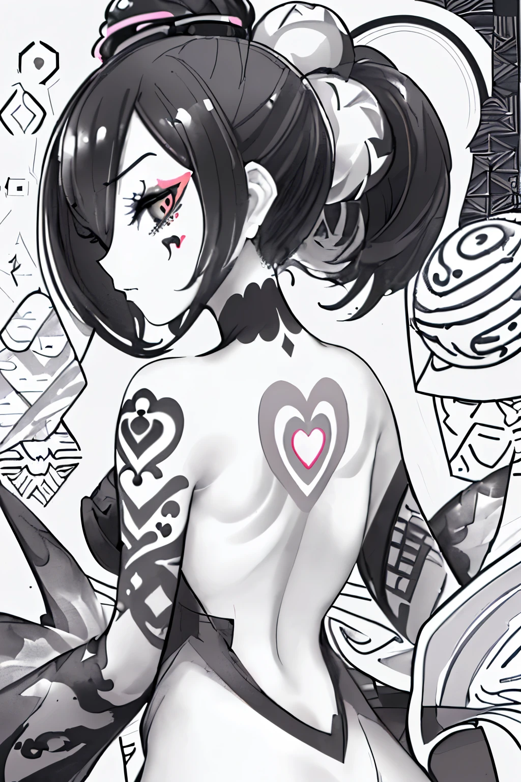 monochrome, ink painting, sumi-e, best quality, super fine, 16k, delicate and dynamic, beautiful female back, orange updo, (seamless blend across the back, geometric patterns, spheres, triangles, hidden small heart symbols, monochrome, pastel colors, vibrant colors, neat layout, pop art, artwork tattoos:1.4), tattoo effect, tilted frame
