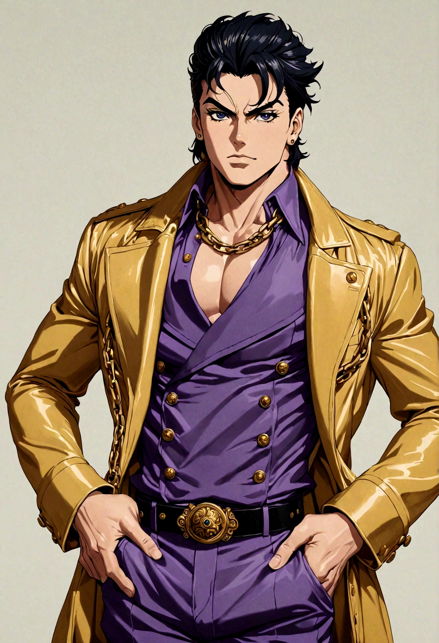 JOJO&#39;s Bizarre Adventure, Jotaro Kujo, Look away, Point to the camera, Hands in pockets, Simple background, Black Hair,  chain, (masterpiece,best quality,ultra_detailed,highres,absurdres:1.2),(photorealistic:1.4),