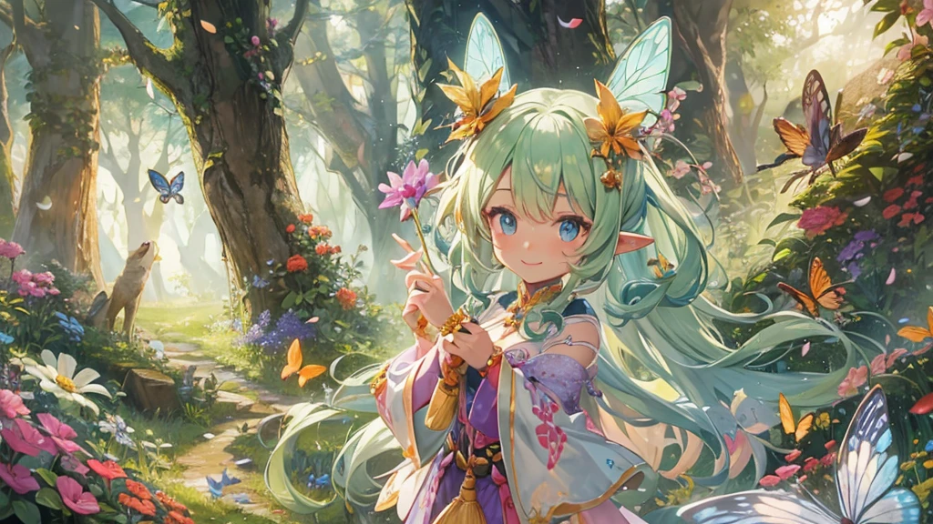 A cute fairy named Nana with pointy ears and a gentle smile, standing in a colorful forest filled with flowers and butterflies.
Nana, a Leonin fairy, holding a magical boomerang, ready to defend the Land of Dawn