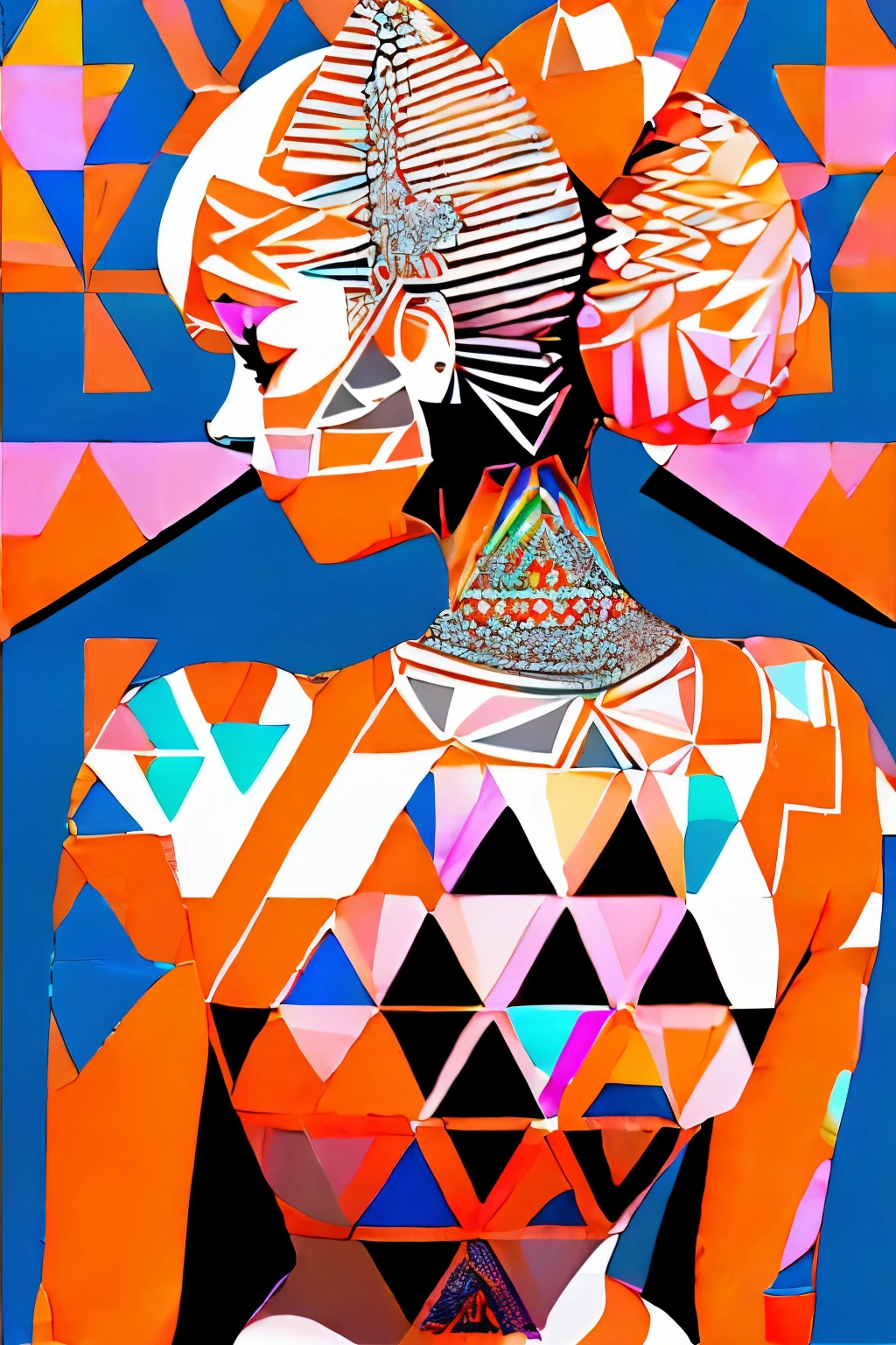 best quality, super fine, 16k, delicate and dynamic, beautiful female back, orange updo, (seamless blend across the back, geometric patterns, spheres, triangles, hidden small heart symbols, monochrome, pastel colors, vibrant colors, neat layout, pop art, artwork tattoos:1.4), tattoo effect, tilted frame