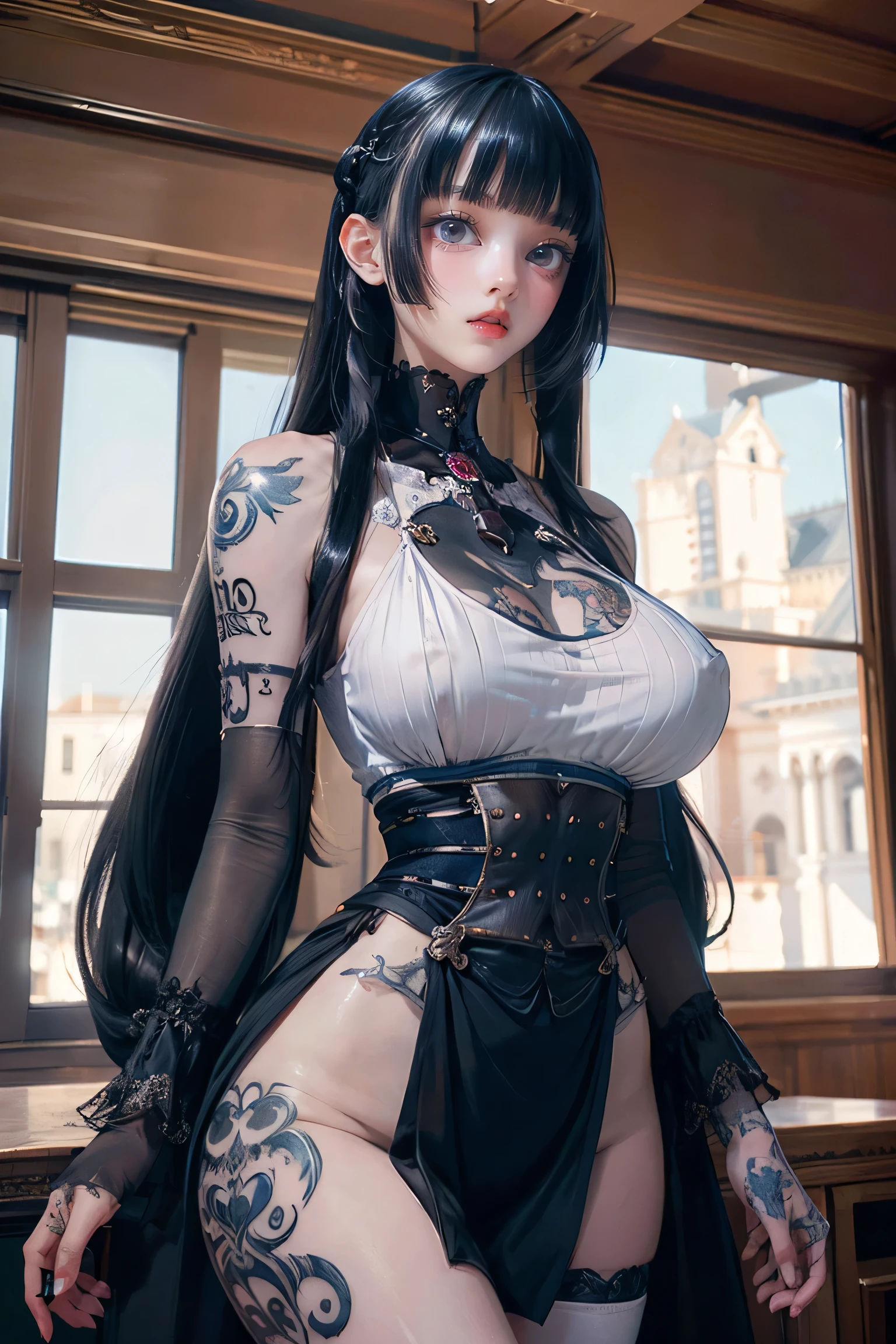 Beautiful Gothic ta Girl, Silky black hair in braids, blue eyes, Thin lips, Round face, Big Breasts, Relax in gothic style clothing,(((He has many tattoos all over his body)), (((Tight waist))), ((Big Breasts)),((See through)),panties,
