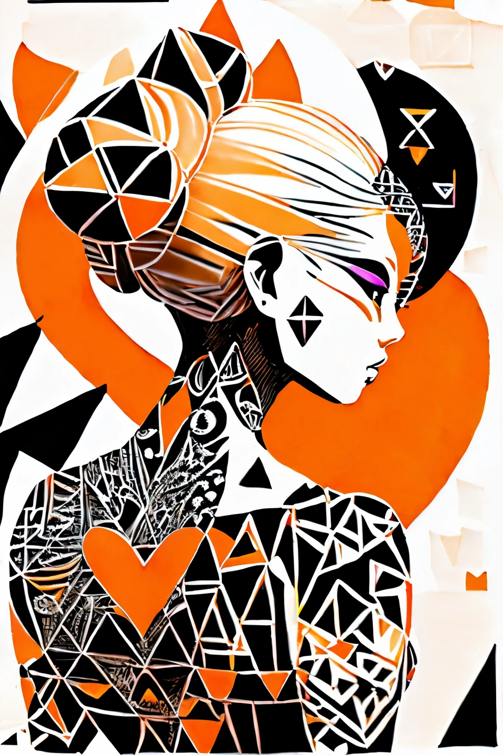 monochrome, ink painting, sumi-e, best quality, super fine, 16k, delicate and dynamic, beautiful female back, orange updo, (seamless blend across the back, geometric patterns, spheres, triangles, hidden small heart symbols, monochrome, pastel colors, vibrant colors, neat layout, pop art, artwork tattoos:1.4), tattoo effect, tilted frame