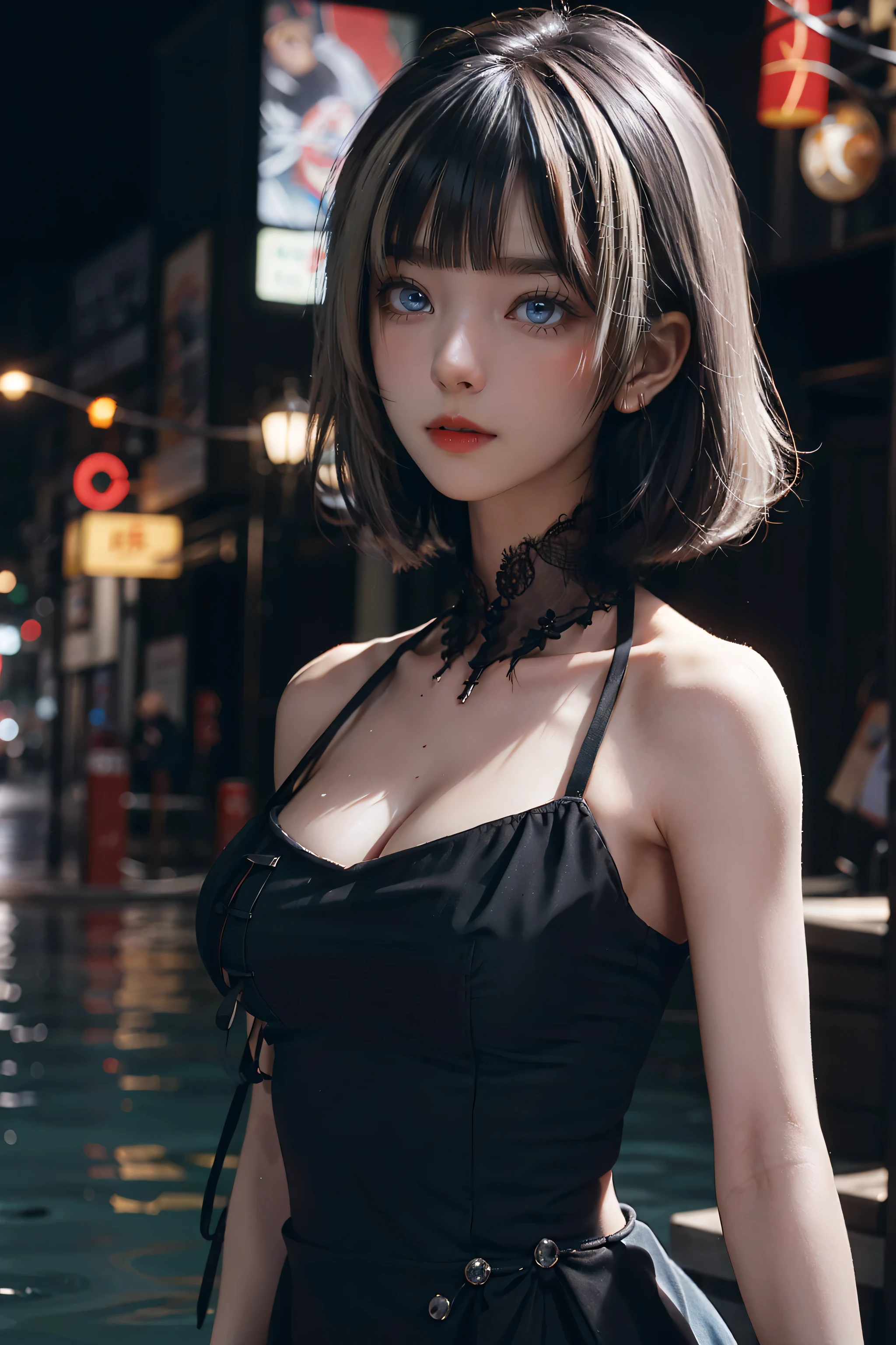 Silver-haired, short hair, Upper Body, Standing in water, Parted bangs, Modern, Surreal, Cinema Lighting, Chiaroscuro, masterpiece, Textured skin, High resolution, high quality, High detail, Beautiful Face, big, pronounced cleavage, Translucent clothing, Starry Sky, Grey Eyes, Big Breasts, Expose your shoulders, Large 胸, Sexy pose、