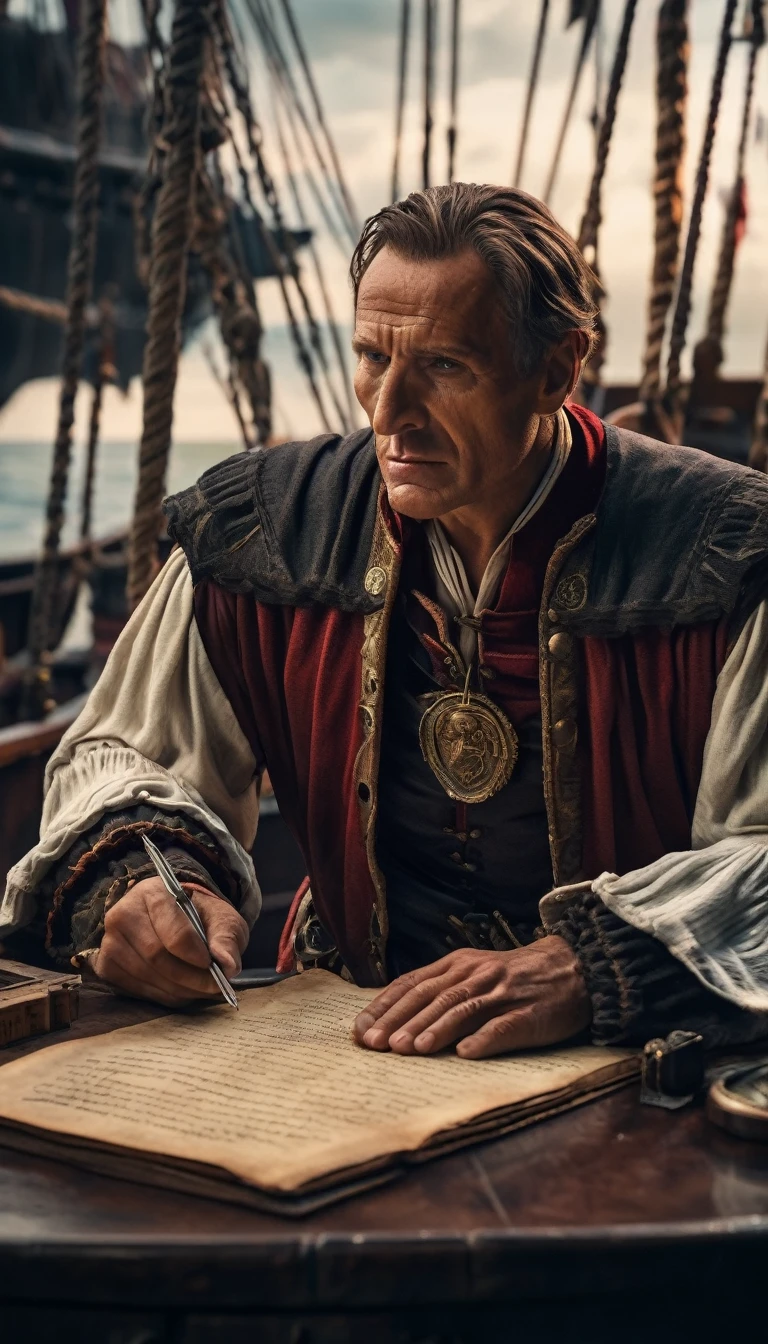 Cinematic style, Julius Caesar writing poetry on a pirate ship, background dark, hyper realistic, ultra detailed hyper realistic, photorealistic, Studio Lighting, reflections, dynamic pose, Cinematic, Color Grading, Photography, Shot on 50mm lens, Ultra-Wide Angle, Depth of Field, hyper-detailed, beautifully color, 8k