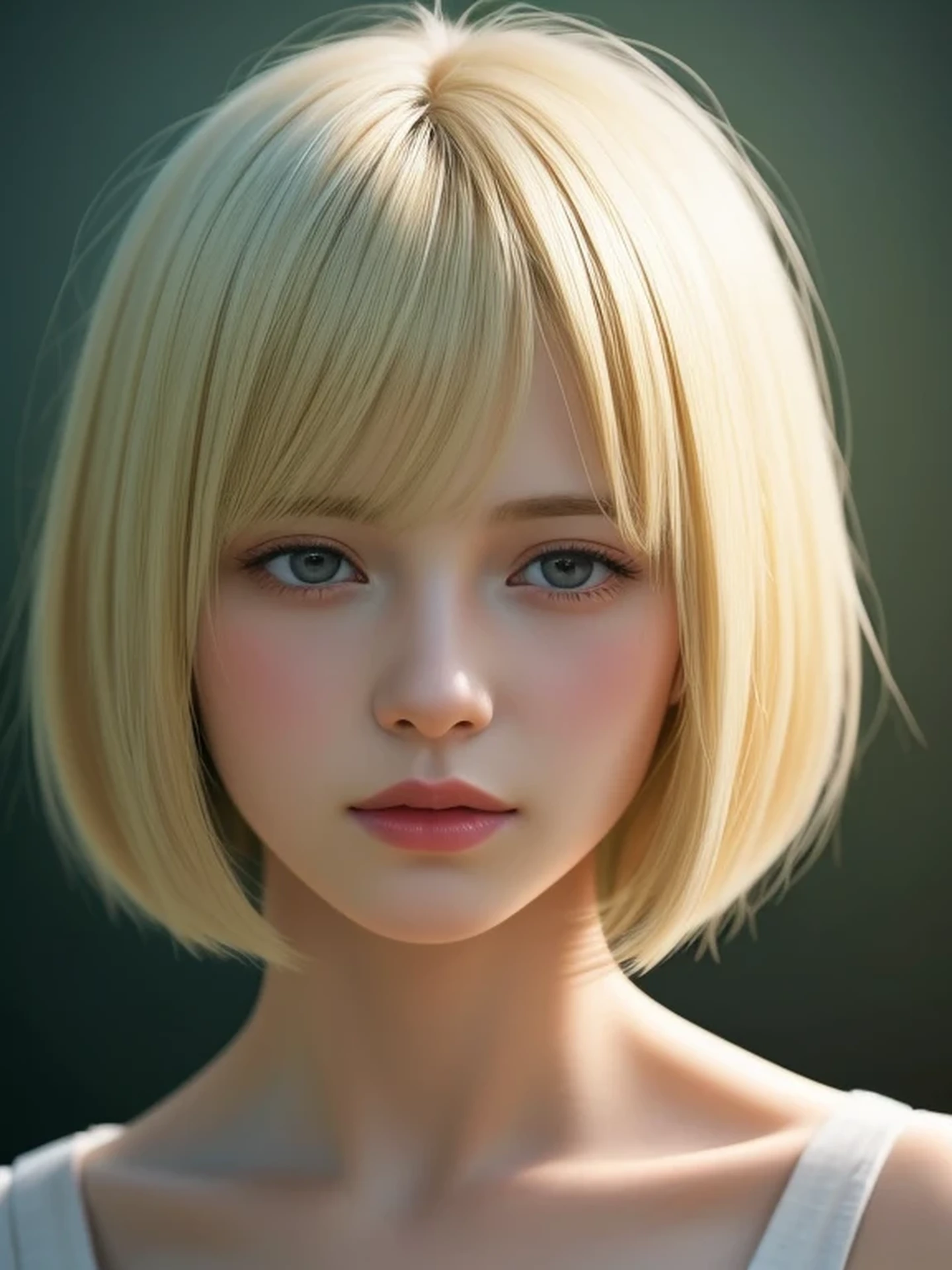 (looking down:1.4), Realistic digital painting of a woman portrait, Shy, open mouth to say something, sad, (short Hair:1.1), bangs, (Soft silky Blonde Hair:1.3), (Highly detailed skin:1.2), Mystical style, Global Illumination,