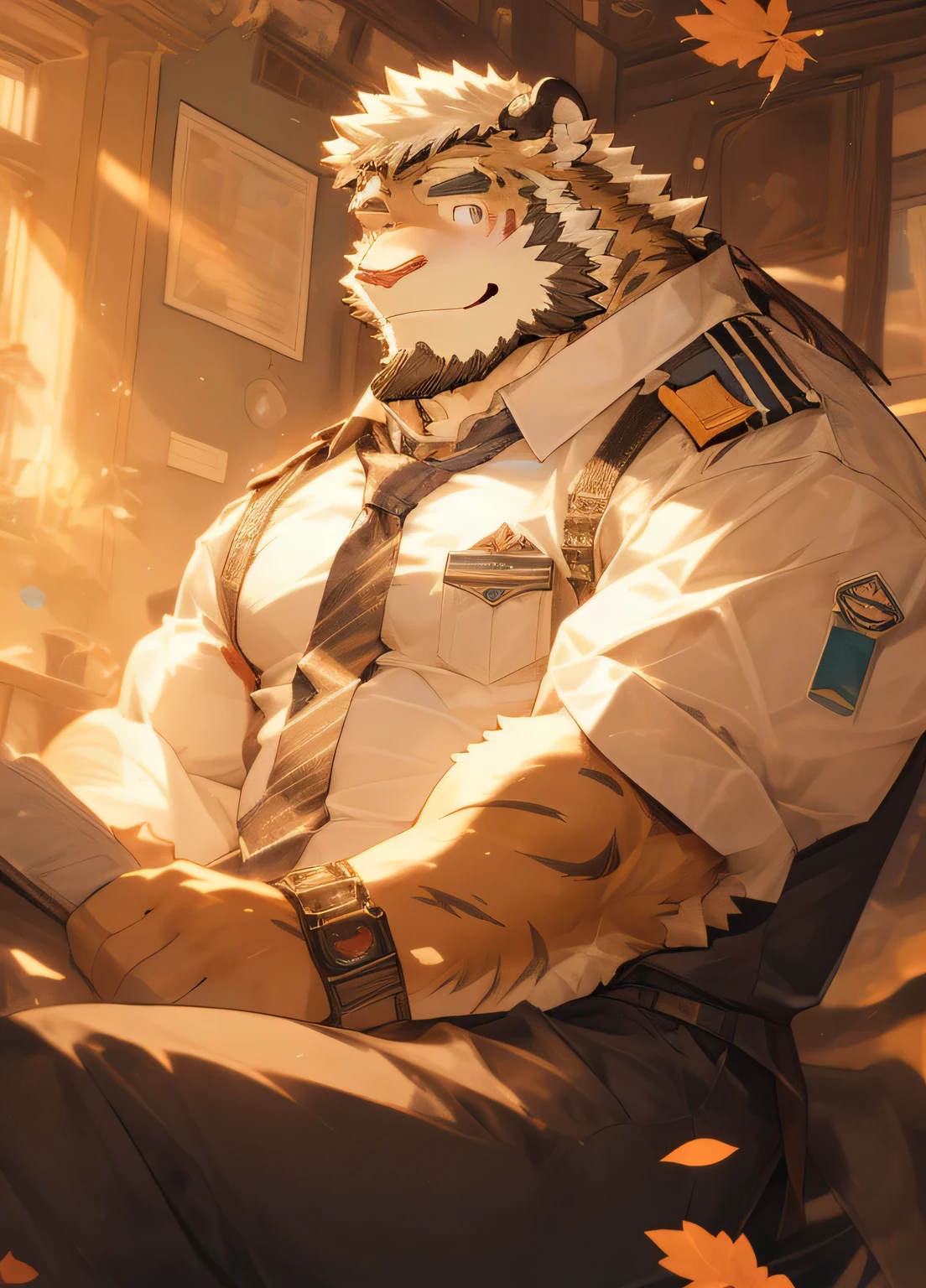 (masterpiece)，(Very detailed)，(best quality)，hairy，Tiger Orc，Orange fur，There are some blonde hair，Golden pupils，，muscular，(Uniform:1.2)，((Black:1.3，tie:1.4))，(((unbutton your clothes)))，(((Smile)))，（Warm and cheerful:1.1)，(In the bedroom，Fallen leaves drift in from the window)，dusk，Sunset outside the window，Light shines in through the windows,(Very detailed)，8K，(super high quality)，Hairy Tiger Tail，