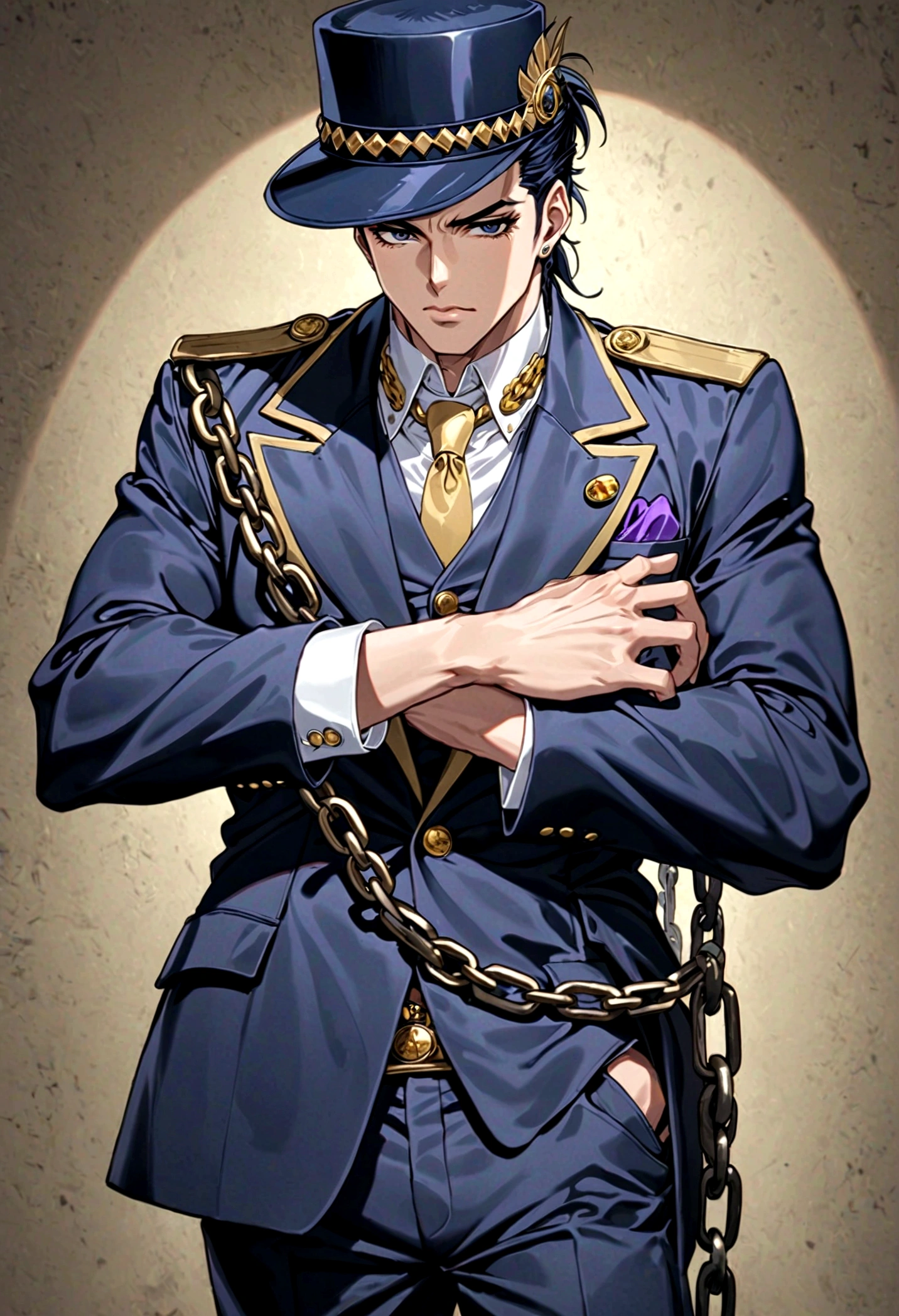 JOJO&#39;s Bizarre Adventure, Jotaro Kujo, Look away, hat covering eyes, Hands on the brim, Hands in pockets, permanent, background, Black Hair, Xuelan, chain, (masterpiece,best quality,ultra_detailed,highres,absurdres:1.2),(photorealistic:1.4),