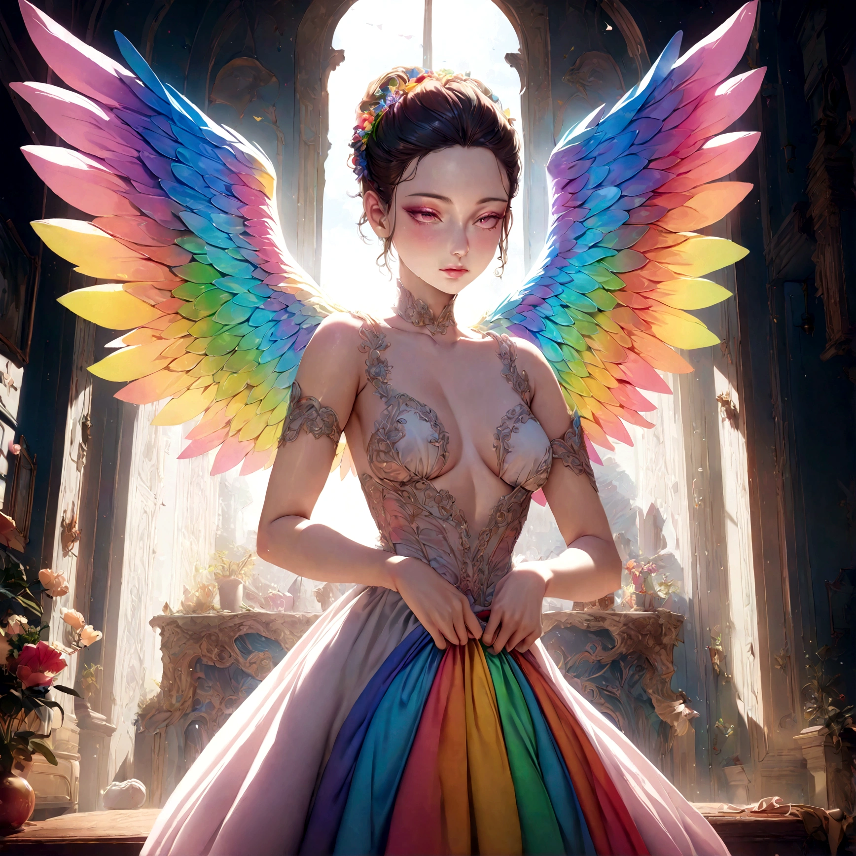 a sexually ambiguous person with rainbow wings, dressing fancy, hyperrealistic, 8k, high quality, intricate details, cinematic lighting, vibrant colors, surreal, digital art