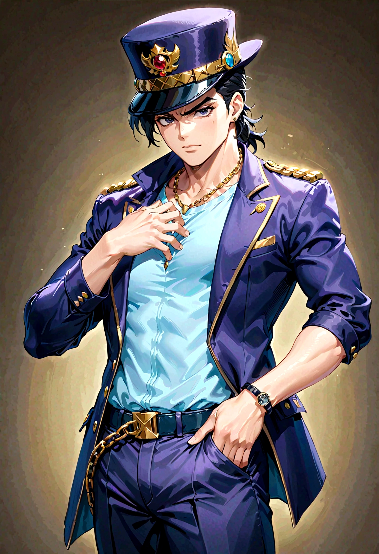 JOJO&#39;s Bizarre Adventure, Jotaro Kujo, Look away, hat covering eyes, Hands on the brim, Hands in pockets, permanent, background, Black Hair, Xuelan, chain, (masterpiece,best quality,ultra_detailed,highres,absurdres:1.2),(photorealistic:1.4),