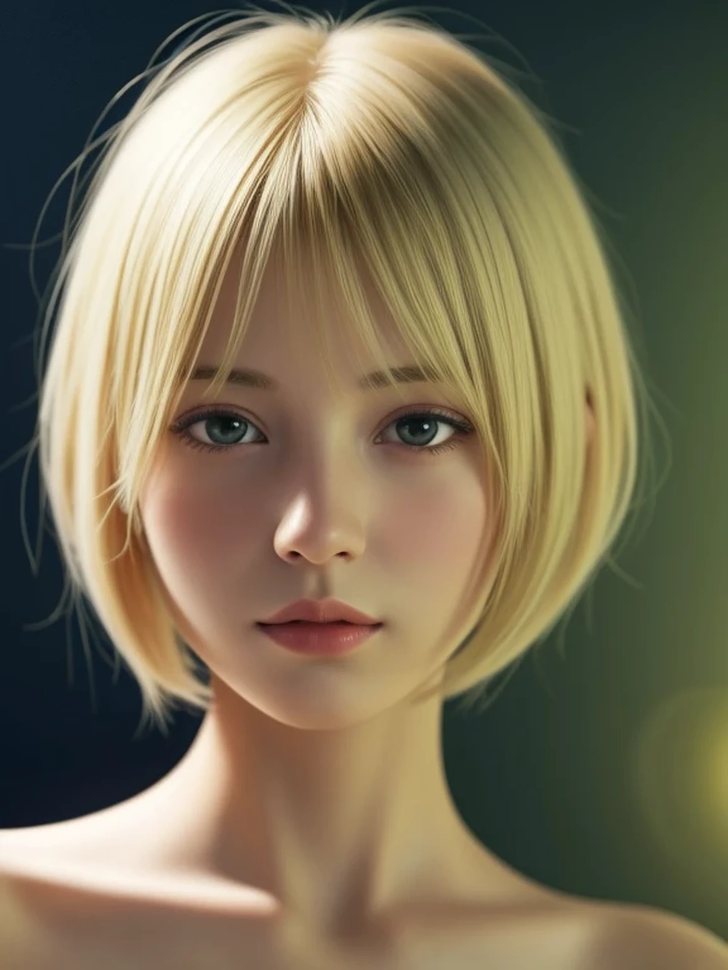 (looking down:1.4), Realistic digital painting of a woman portrait, Shy,  open mouth to say something, sad, (short Hair:1.1), bangs, (Soft silky Blonde Hair:1.3), (Highly detailed skin:1.2), Mystical style, Global Illumination,