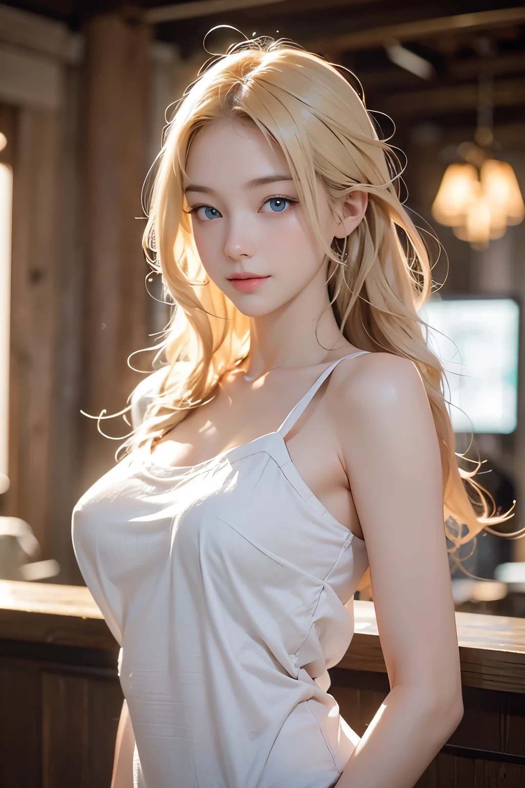 Very beautiful sexy blonde, breasts, pink, light blue eyes, Highly detailed, 29 years old, slim, full body, innocent face, naturally wavy hair, full body, High resolution, Masterpiece, best quality, intricate high detail, Highly detailed, Sharp focus, Detailed skin, realistic skin texture, texture, detailed eyes, professional, 4k, Charming smile, shot with canon, 85mm, slight depth of field, Kodak color vision, Body in perfect shape, extremely detailed, photographer_\( ultra \), photographerrealistic, realistic, Post-processing, maximum details, roughness, real life, ultrarealistic, photorealism, photography, 8k hd, in a bar