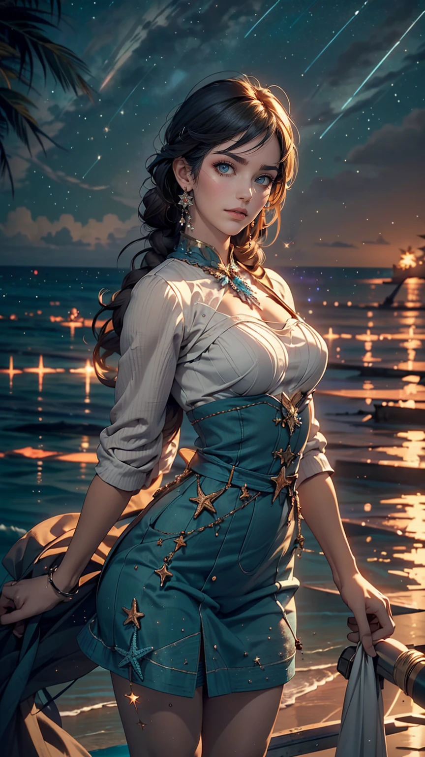 ((masterpiece,highest quality, detailed)), Cowboy Shot, (One girl:1.2), alone, (Captivating smile:1.3), Big Breasts, Are standing, View Viewer, (Ocean:1.3),(Starry Sky:1.3) ,