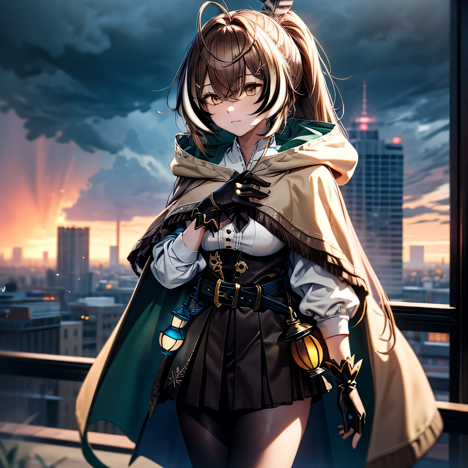 golden-brown eyes and long, brown ponytail hair with a pair of feathers atop her head. She dresses in a brown cloak secured with a ribbon. Mumei also wears gloves that are fingerless on her index and pinky fingers. She has a belt wrapped around her waist with a lantern, pouch, and small dagger around it. Below her outfit is a pleated skirt. She has leggings with her right leg reaching above her thighs and the left leg below her thighs, and wears brown boots. Big storm in the background, red thunderstorm, top of a building, edge of a building