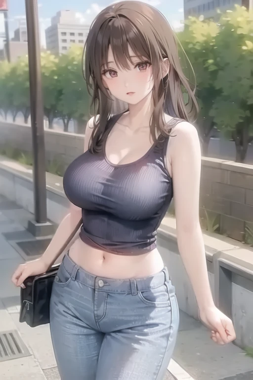 creates a 24-year-old anime girl wearing blue jeans and a red tank top with wide hips and large breasts with blue eyes in an urban landscape