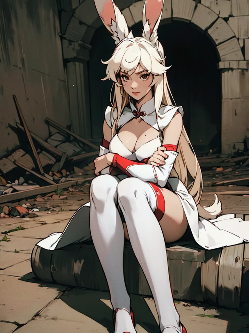a rabbit girl smilling in the ruins, (rabbit girl)(best quality,high resolution, masterpiece:1.2), female focus, animal ears, furry ears, (one girl:1.5), (free hands), beautiful eyes, (white hair:1), detailed eyes, (rabbit ears), (red eyes:1.2), white cloak, happy, fleshy lips, hair ornament, leather armor, Clothes made of tanned leather, detached sleeves, wrist guard, white thighhighs, shin guards, perfect quality, good quality, masterpiece, (arms crossed1.2), Prepare-se para mergulhar em um mundo onde a beleza e o artesanato se fundem perfeitamente, anatomically correct. ultra nitidez