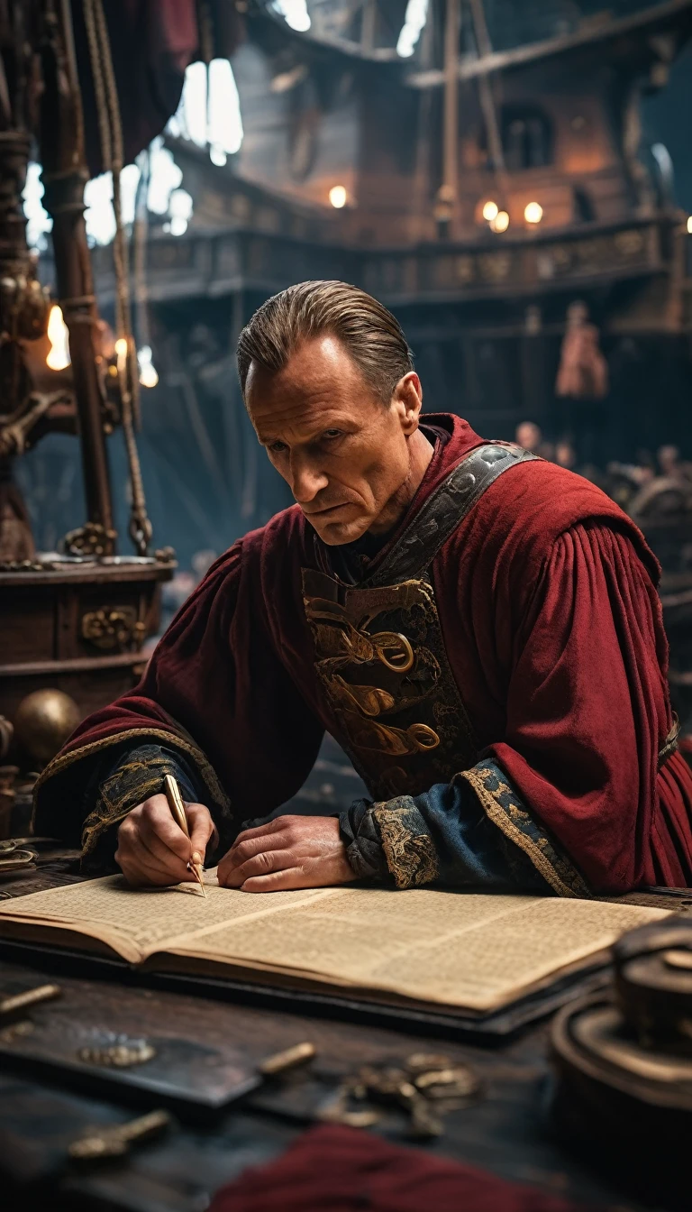 Cinematic style, Julius Caesar writing poetry on a pirate ship, background dark, hyper realistic, ultra detailed hyper realistic, photorealistic, Studio Lighting, reflections, dynamic pose, Cinematic, Color Grading, Photography, Shot on 50mm lens, Ultra-Wide Angle, Depth of Field, hyper-detailed, beautifully color, 8k