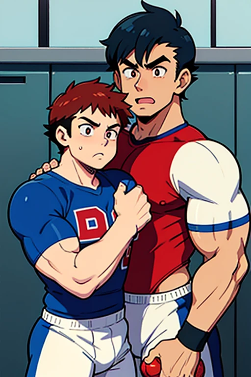 A grownup Ash Ketchum and Gary Oak from Pokémon flexing their biceps under hypnosis with glowing red eyes as they grow into big dumb muscular football jock bros wearing a football uniform and cleats in a locker room. Hyper muscles. Massive muscles. Big biceps. Big triceps. Big traps. Broad shoulders. Big pecs. Bulging crotch. Dumber and dumber. Blank stare. Open mouth. Saying, "I am a jock.... I obey.... Dumber and dumber.... Yes, Coach.... Huhuhuhuh...." Slumped shoulders. Hypnosis. Brainwashing. Bigger and dumber jock bro. Assimilation. Corruption.